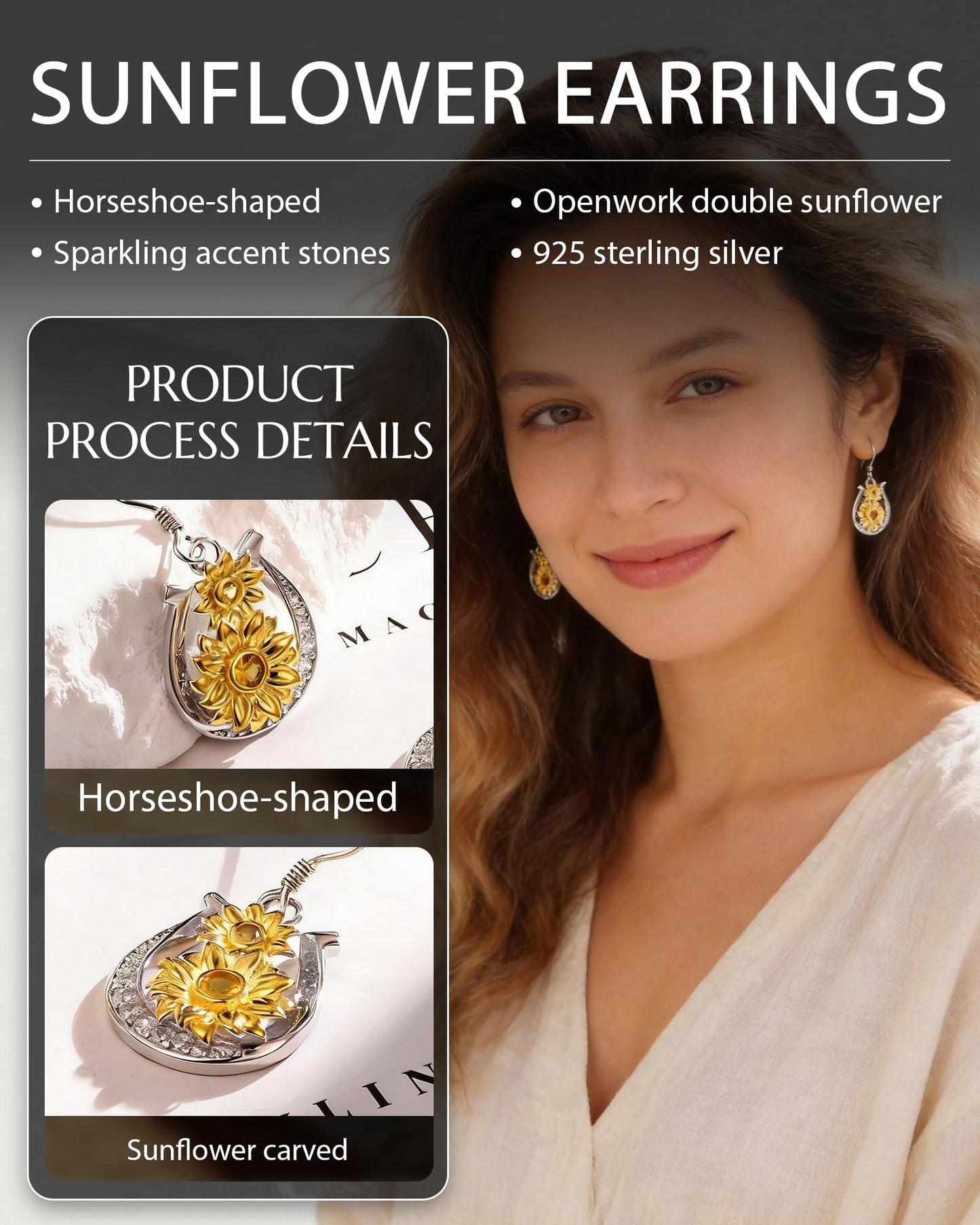 JZWUYAN 925 Sterling Silver Sunflower Horseshoe Dangle Earrings for Women — Two-Tone Gold Plated Floral Drop Earrings with Citrine Stone — Birthday, Mother's Day, Graduation Gift for Her