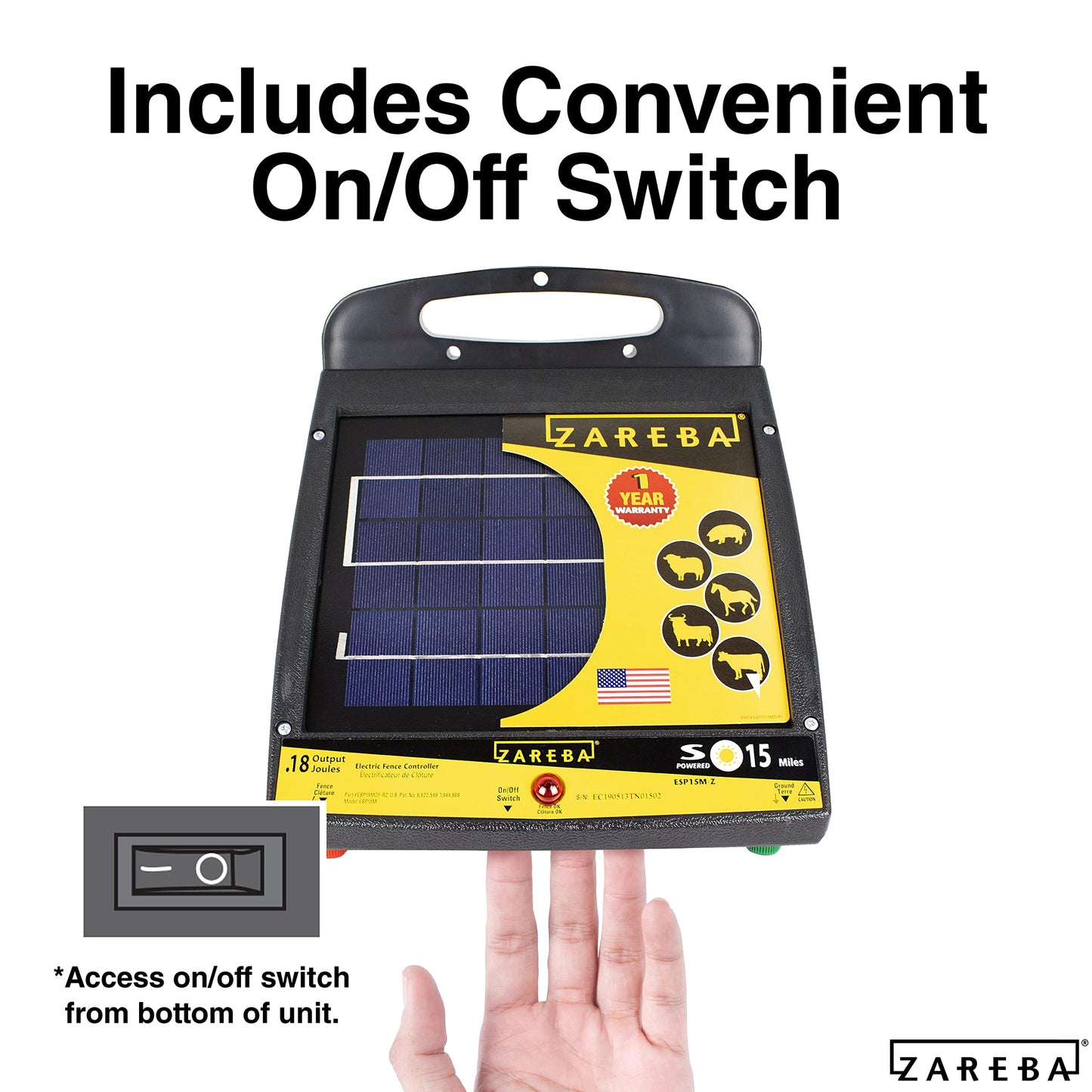 Zareba Solar Powered Low Impedance Electric Fence Charger, 15 Mile Solar Powered Electric Fence Energizer, Contain Animals, Keep Out Predators - ESP15M-Z