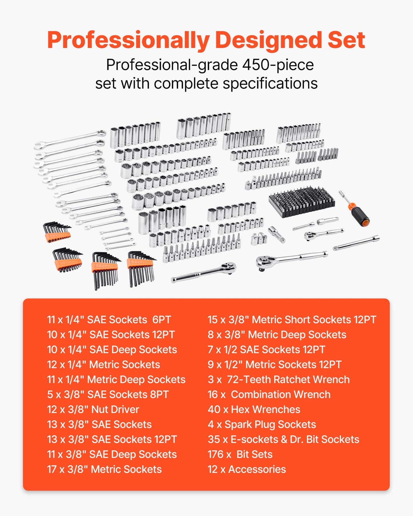 VEVOR Mechanics Tool Set and Socket Set, 450 Pcs, 1/4, 3/8 and 1/2 inch Drive Deep and Standard Sockets, SAE Metric Mechanic Tool Kit with Bits, Wrenches, Accessories, Storage Case with Orange Drawer