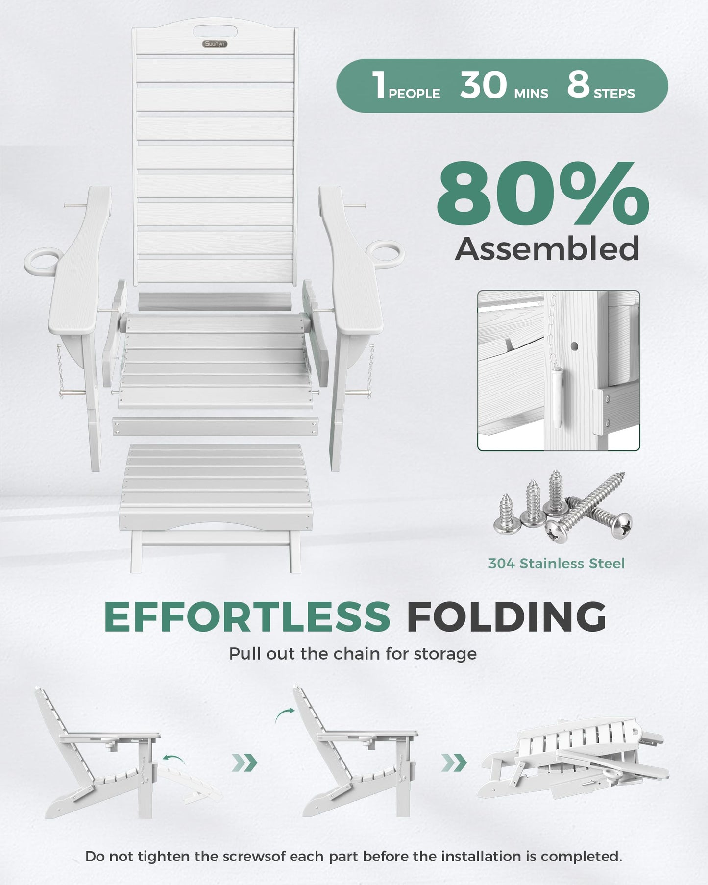 SUUNYN Folding Adirondack Chair with Retractable Ottoman, Weather Resistant Fire Pit Chair Patio Chair with 2 Cup Holder Lawn Outdoor Lounge Chair (White)