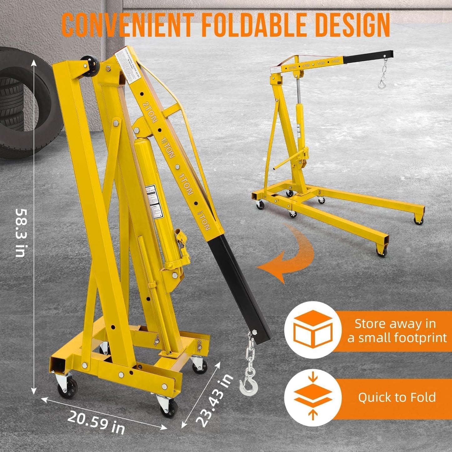 2 Ton Folding Hydraulic Engine Hoist Cherry Picker, 4400 Lbs Capacity, Adjustable Telescoping Boom, Heavy Duty Shop Crane No Load Leveler & 6 Swivel Wheels, for Garage Workshop Warehouse Automotive