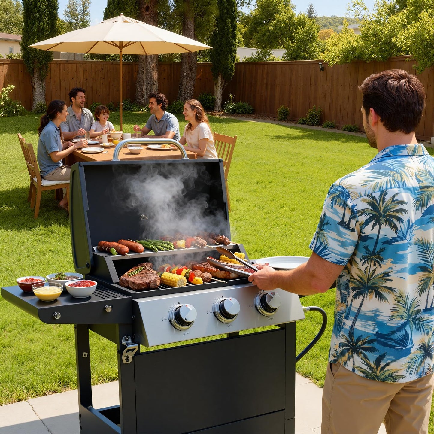 EUHOME Stainless Steel 3-Burner Gas Grill, 25650 BTU Outdoor BBQ Grill with Side Table, 338 sq.in Cooking Area, Perfect for Patio, Deck & Family Barbecues