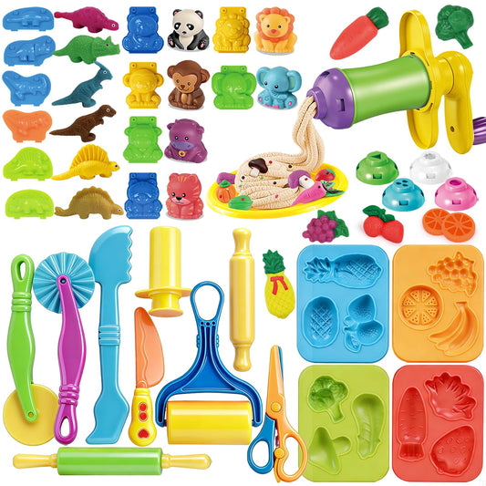 31 Pcs Dough Tools, Dough Play Tools Set + Kitchen Spaghetti Maker Machine Clay and Dough Accessories with Rolling Pins, Clay Cutters, Safety Scissors, 3D Dino & Animal & Fruit Molds