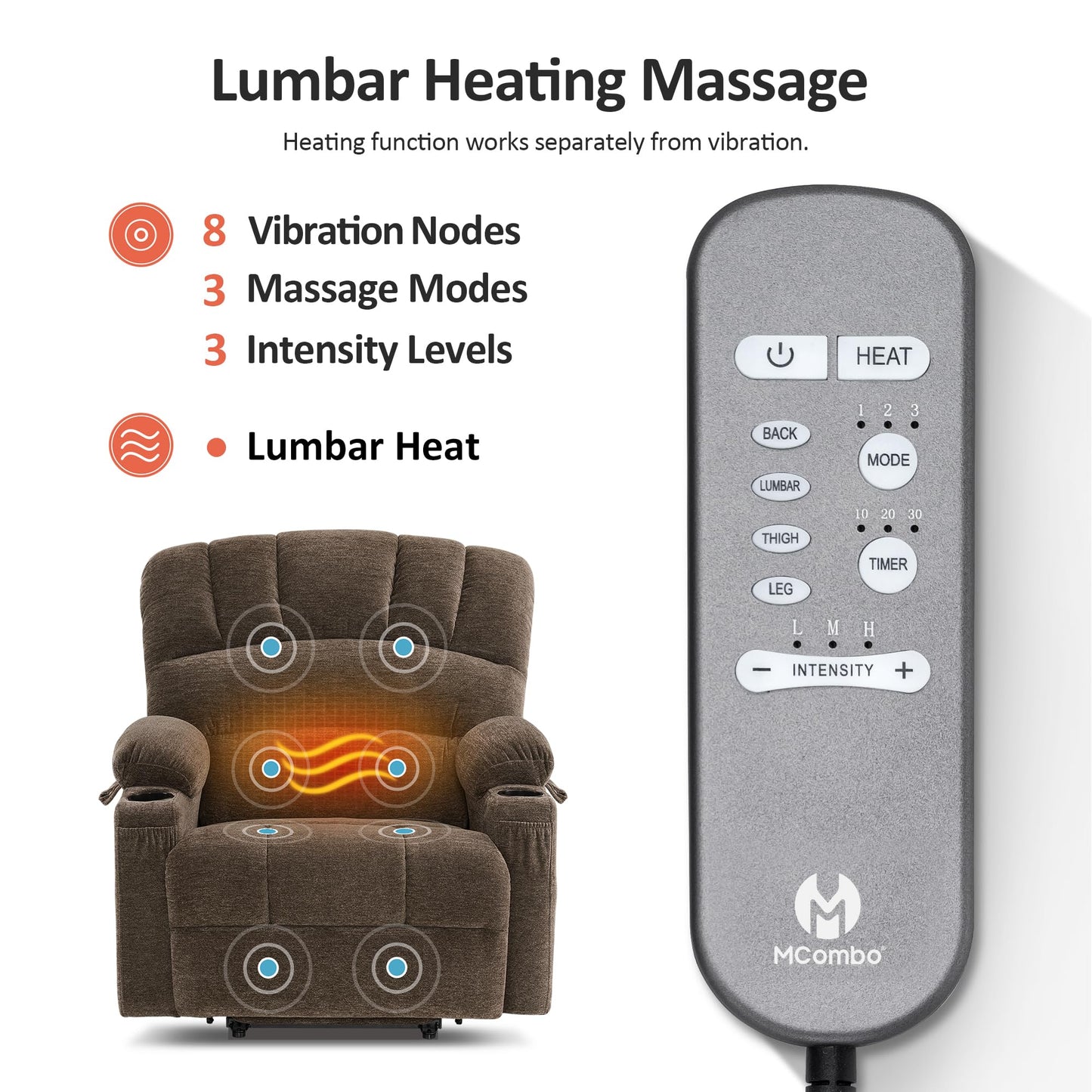 MCombo Power Lift Recliner Chair for Elderly, Lift Chair with Heat and Massage, Extra Wide Lift Recliner for Big People, Fabric R7096 (Medium-Wide, Coffee)