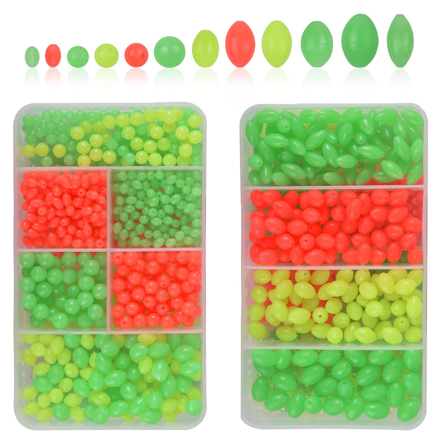 AGOOL Fishing Beads Assorted Set, 1000pcs Glow Beads Fishing Bait Eggs Soft Plastic Oval Round Luminous Beads Fishing Line Beads Fishing Lures Fishing Tackle Tool for Deep Drop Fishing Night Fishing