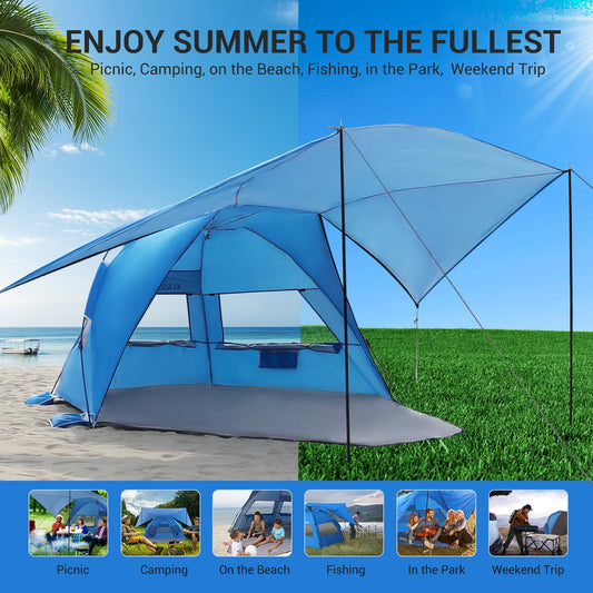 Elegear CumbreX™ Beach Tent with 360° Removable Canopy, 4-6 Person Pop Up Sun Shade Shelter, UPF 50+ Automated Installation Double Silver Coating Portable Lightweight Beach Cabana for Beach/Outdoor