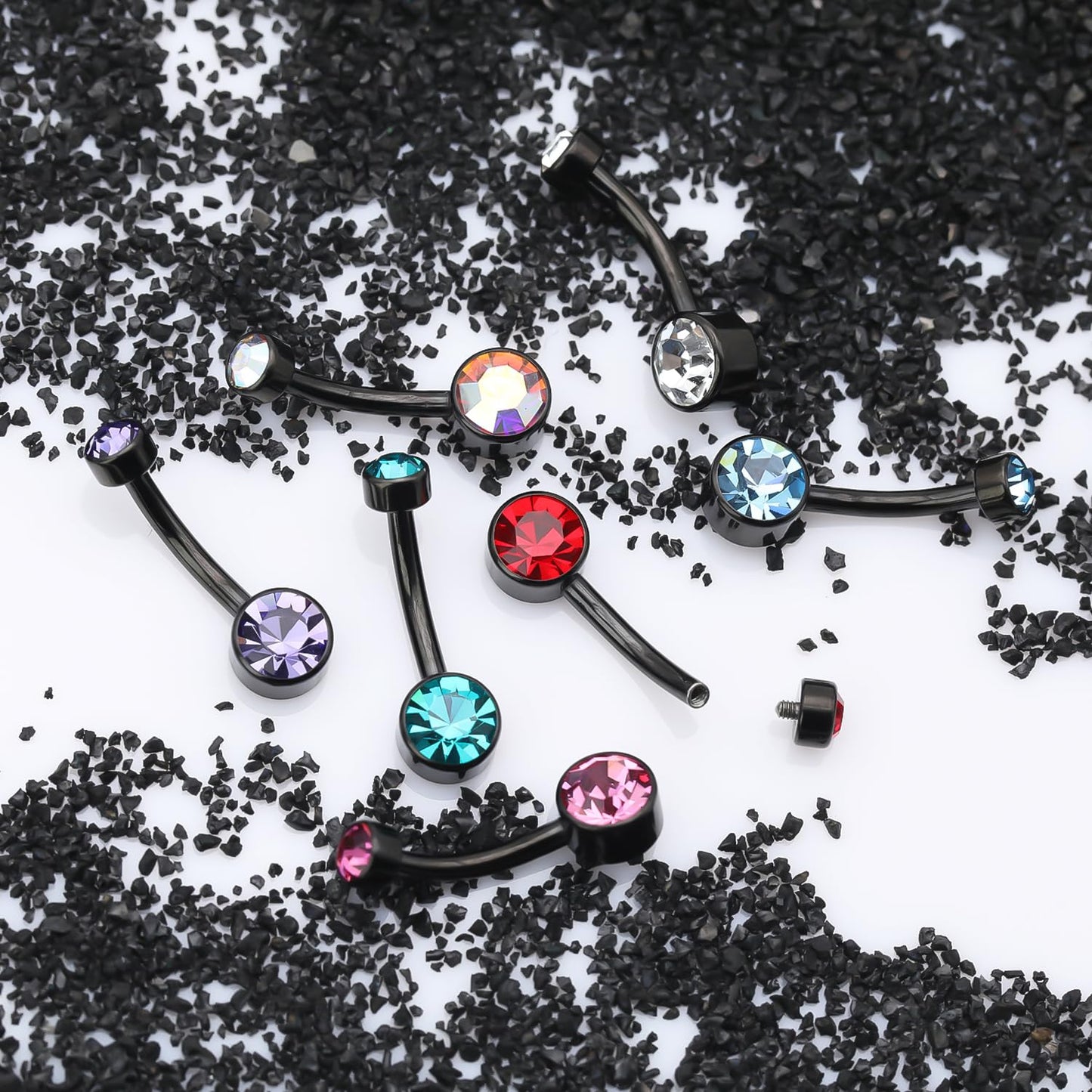 XUU Titanium Belly Button Rings, Black & Silver – 14G Internally Threaded Navel Piercing Jewelry, 10mm & 12mm Curved Barbells with 7 Colors Gems – Hypoallergenic (Black-Pink cz, 10MM)