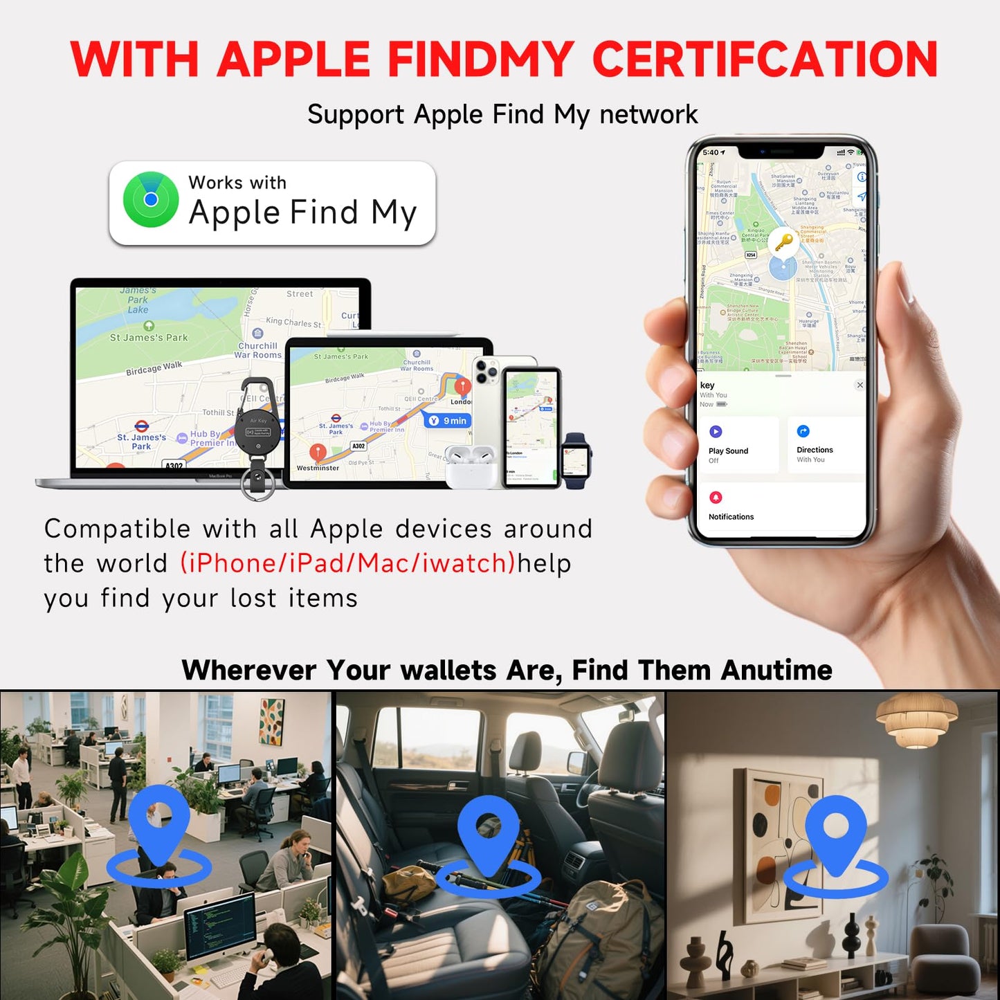 QEG Keychain, Key Finder Works with Apple Find My, llaveros para Hombres,Carabiner Car Key Chains with GPS Tracker, Anti-Lost Keyring Finder Locator, Minimalist Key Holder for Men (iOS Only),Black