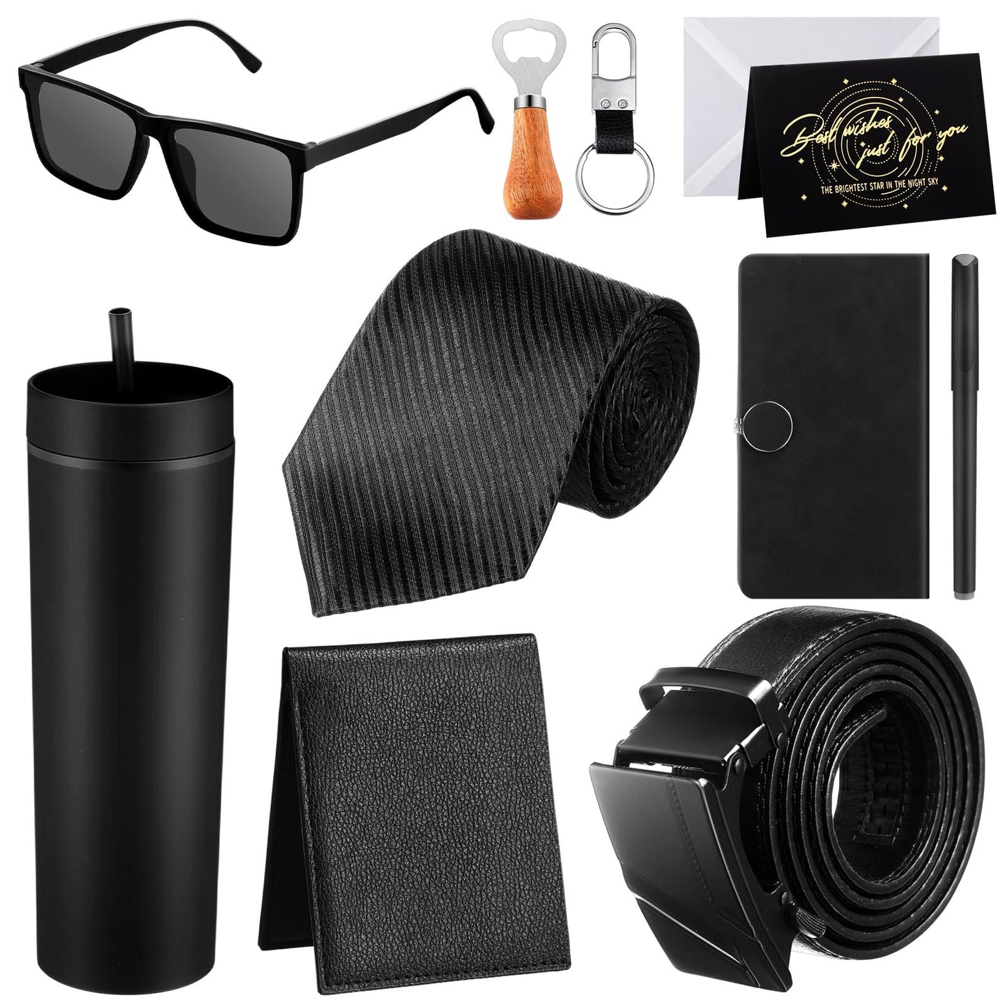 Tioncy 12 Pcs Birthday Gifts Set for Men Gift Box Baskets 16 oz Tumbler Wood Bottle Opener PU Leather Wallet Tie Belt Keychain Sunglasses Pen Journal for Dad Boyfriend Husband Brother