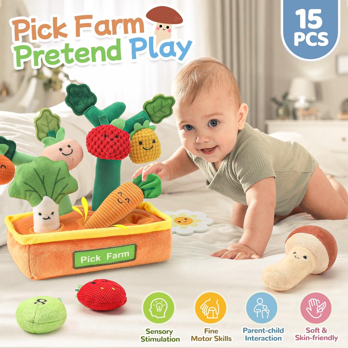 Mini Tudou Baby Toys 6-12 Months-Fruits Veggies Farm Stuffed Toys 15PCS-Sensory Educational Toy Mushroom Carrot with Rattle Squeaker Crinkle Texture Color Shape Number Matching Gifts