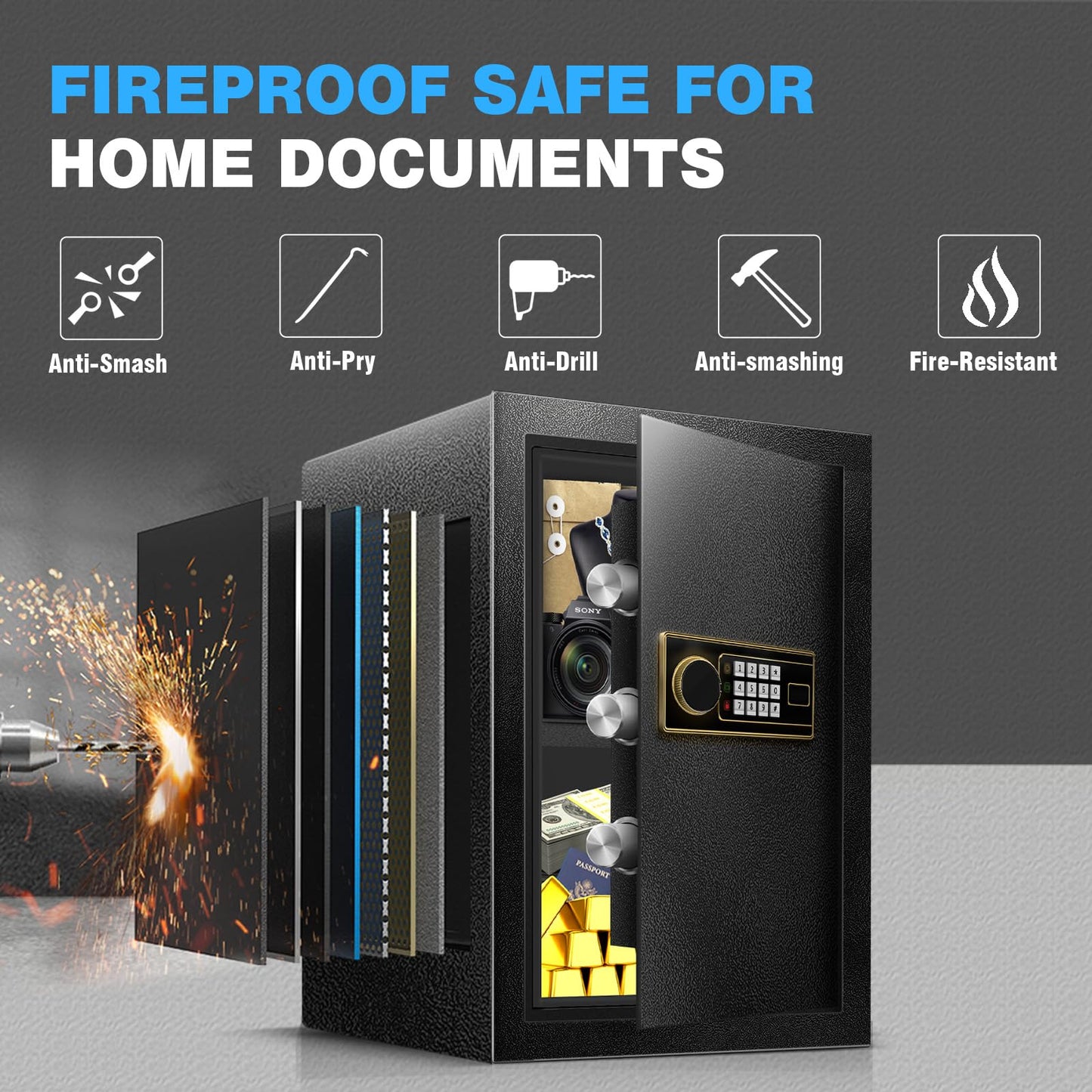 Fdsutvit 2.2 Cu Ft Safe Box for Home - Steel Lock Box for Office & Home Security, Digital Electronic Keypad, Alarm System & Removable Shelf, Safety Box for Documents Money Jewelry Gun Laptop