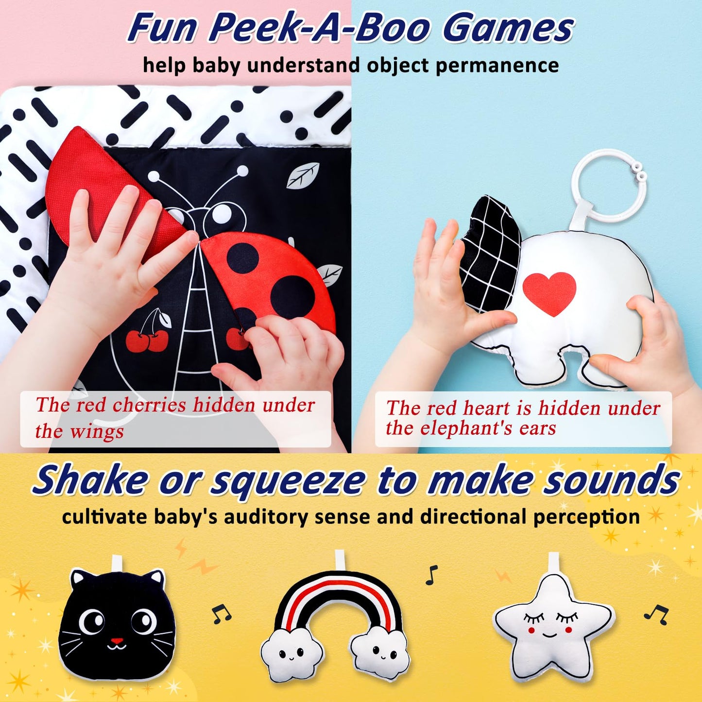 Poycuna Black and White Baby Gym Play Mat with 6 Toys Tummy Time Activity Mat for Babies 0-6 6-12 Months High Contrast Baby Gyms & Playmats Sensory Toys Newborn Brain Development Infant Play Mat