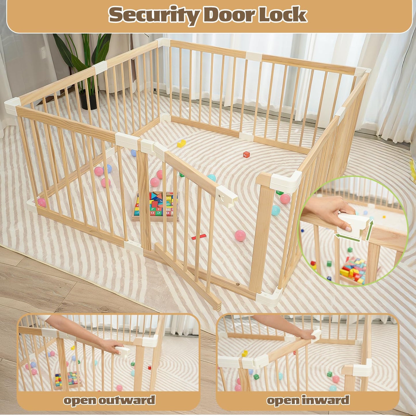 Baby Playpen,Wooden and Toddler Playpen,Play Pen for Babies and Toddlers Kids Indoor,Wooden Babies with Locking Baby Gate,Easy to Assemble,Play Pen Area Indoor(53x53x24 Inch)