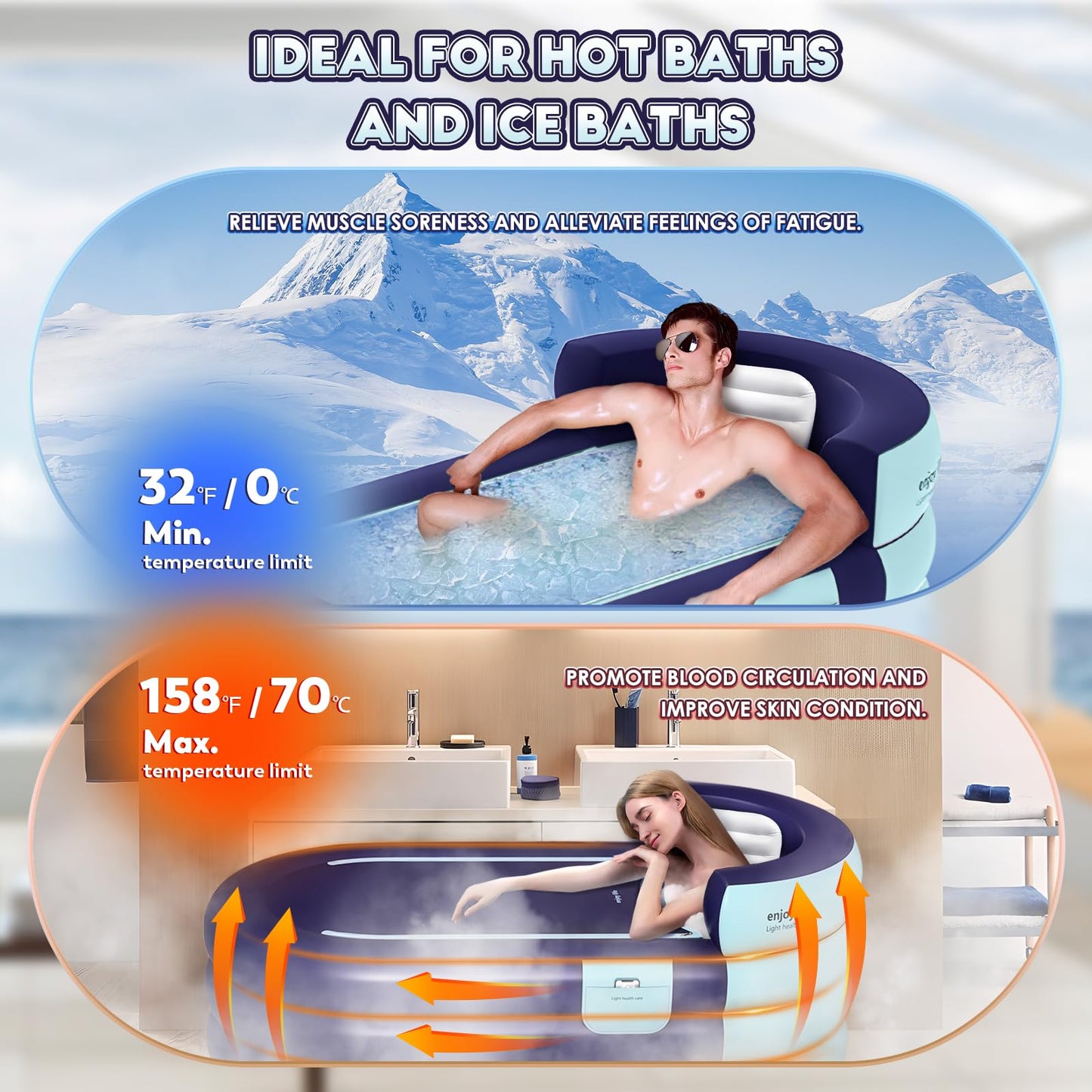 Hapyvergo Inflatable Bathtub Adult 63'' Portable Blow Up Bath Tubs with Cordless Air Pump, Ideal for Hot Ice Bath, Quick Drain Design with 9'10'' Long Hose, Phone Pocket, Water Cushion (Blue)