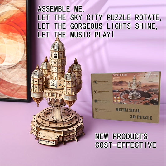 3D Wooden Puzzle for Adults Castle City in the Sky Music Box Puzzle Kit, 521 Pieces LED Light & Rotating Base DIY Mechanical Building Kit for Adults & Teens, Unique Home Decor & Creative Gift Idea