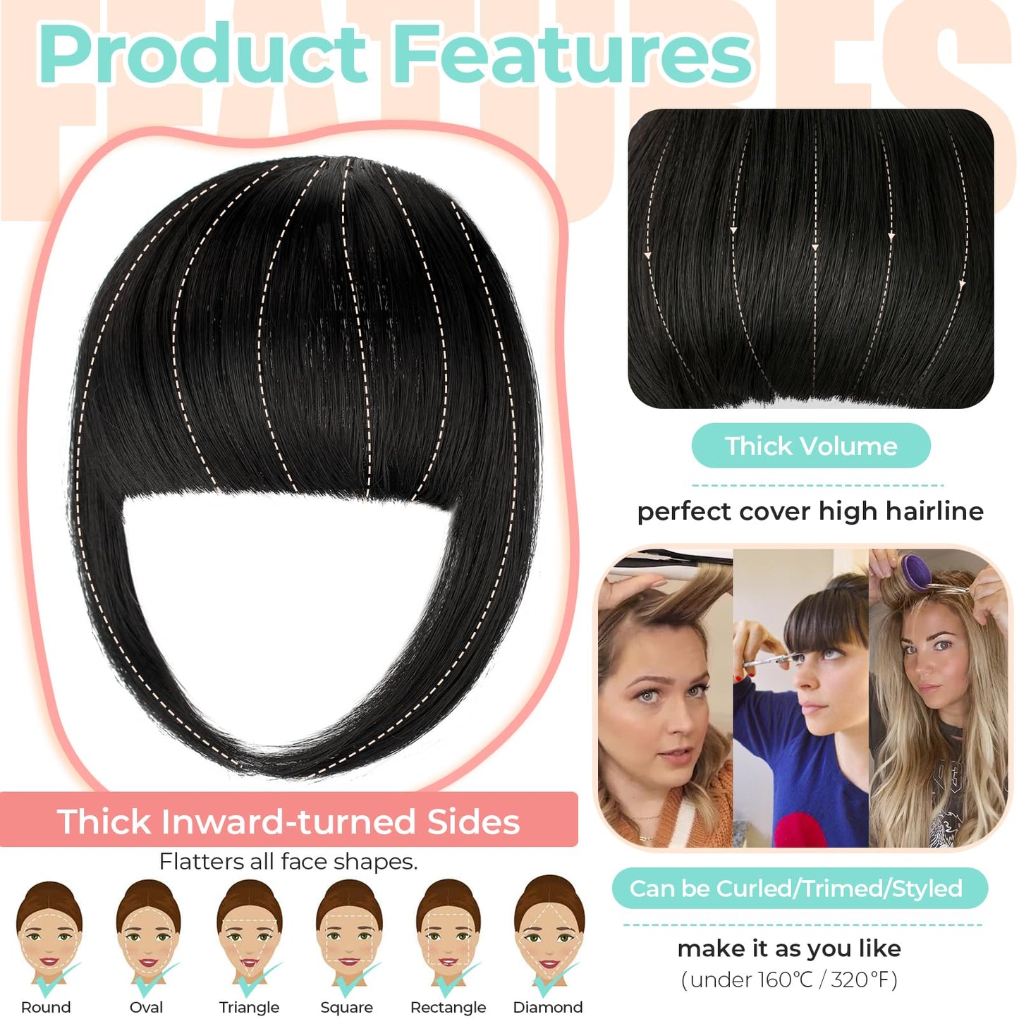 Cephermer Clip in Bangs, Synthetic French Bangs Hair Clip, Fake Bangs Fringe with Temples Hairpieces for Women Natural Curved Hair Extensions for Daily Wear Natural Black