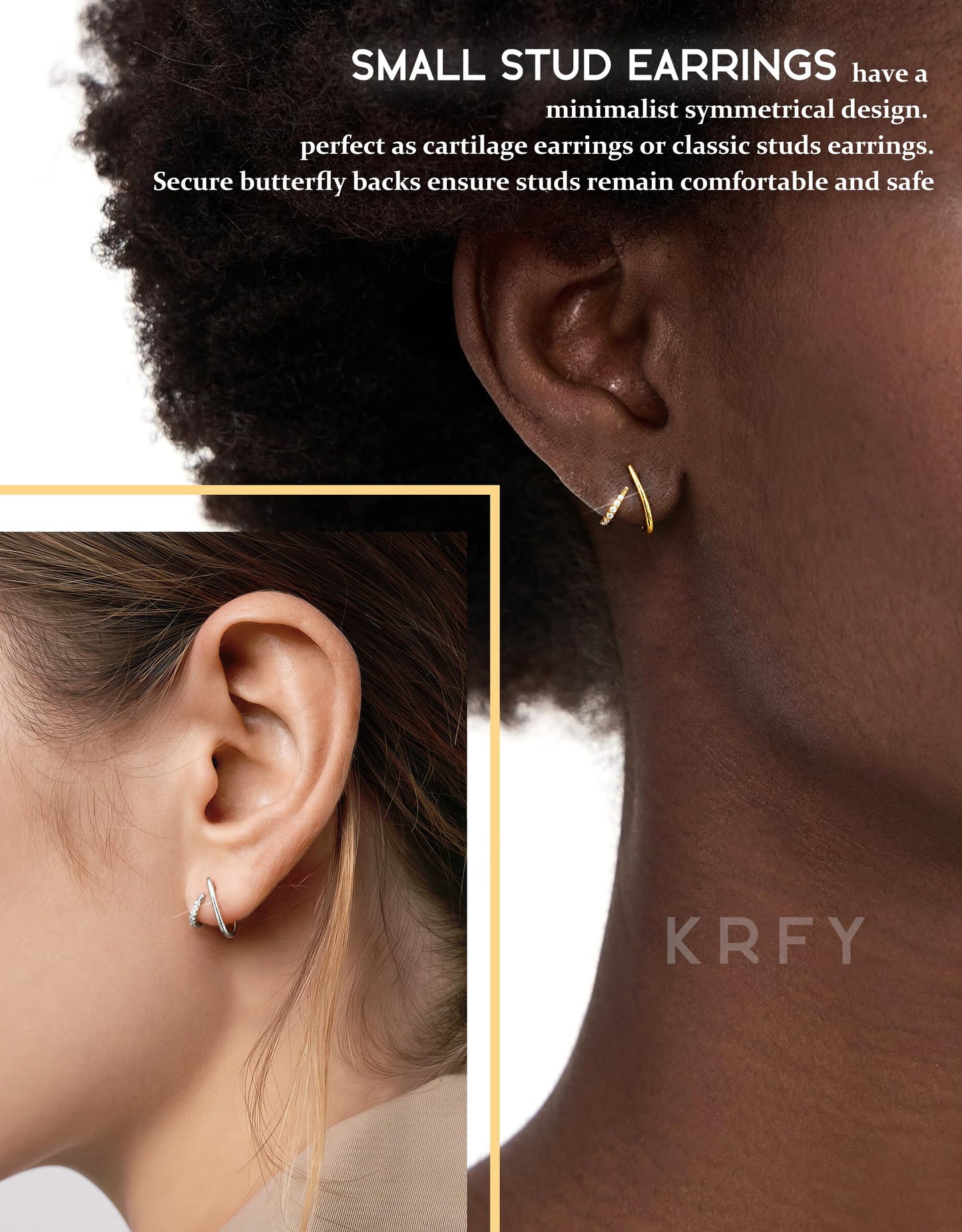 KRFY 2 Pairs Stud Earrings for Women, 16K Plated Gold Earrings for Women Trendy S925 Sterling Silver Post, Dainty Hypoallergenic Silver Earring Jewelry with Clear CZ No Tarnish