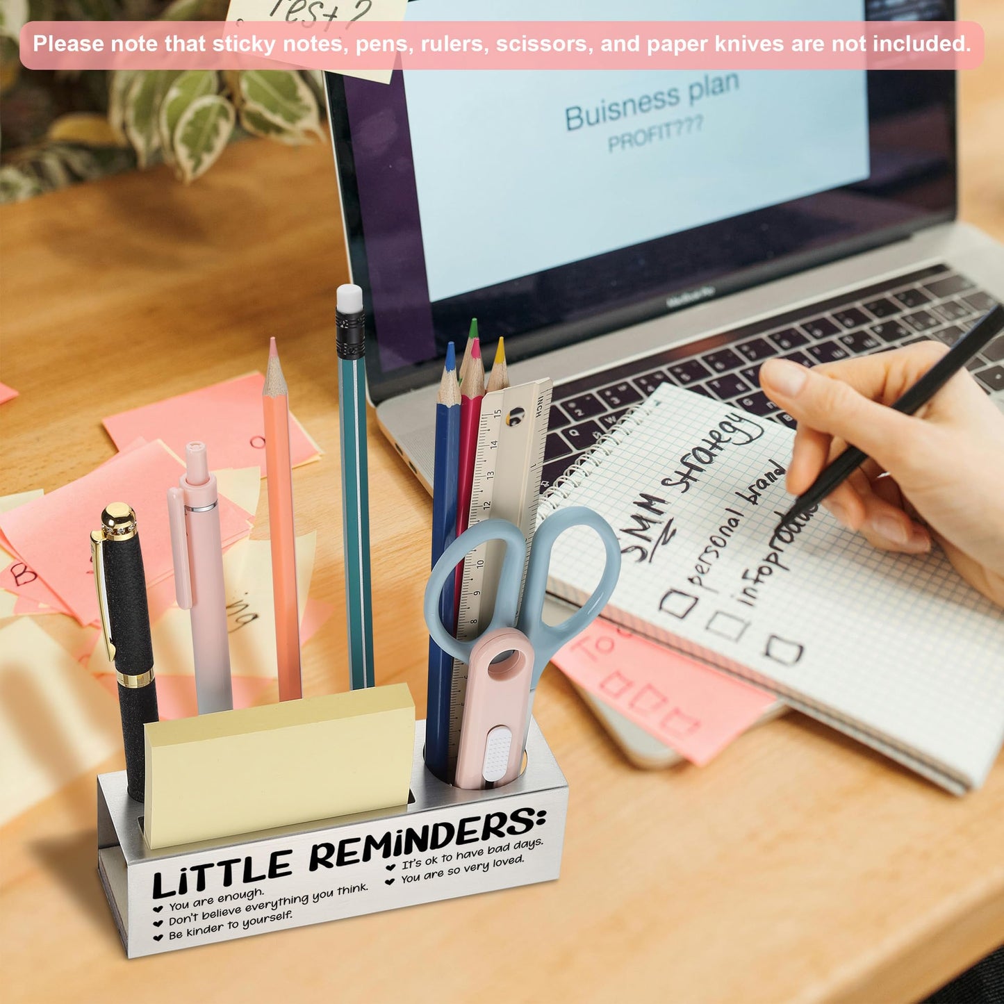 Inspirational Pencil Holder Desk Organizer with Little Reminders, Stainless Steel Office Supply Caddy for Women Men, Positive Message Teacher Coworker Gift, Laser Engraved Classroom Decor - FBA400