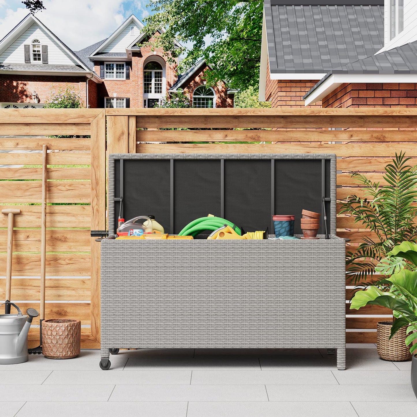 HarmonyHealth 120 Gallon Rattan Deck Box, Outdoor Storage Box With Wheels and Handle, Waterproof Large Storage Bench Organizer for Patio Backyard Cushions, Pool Supplies and Garden Tools, Grey
