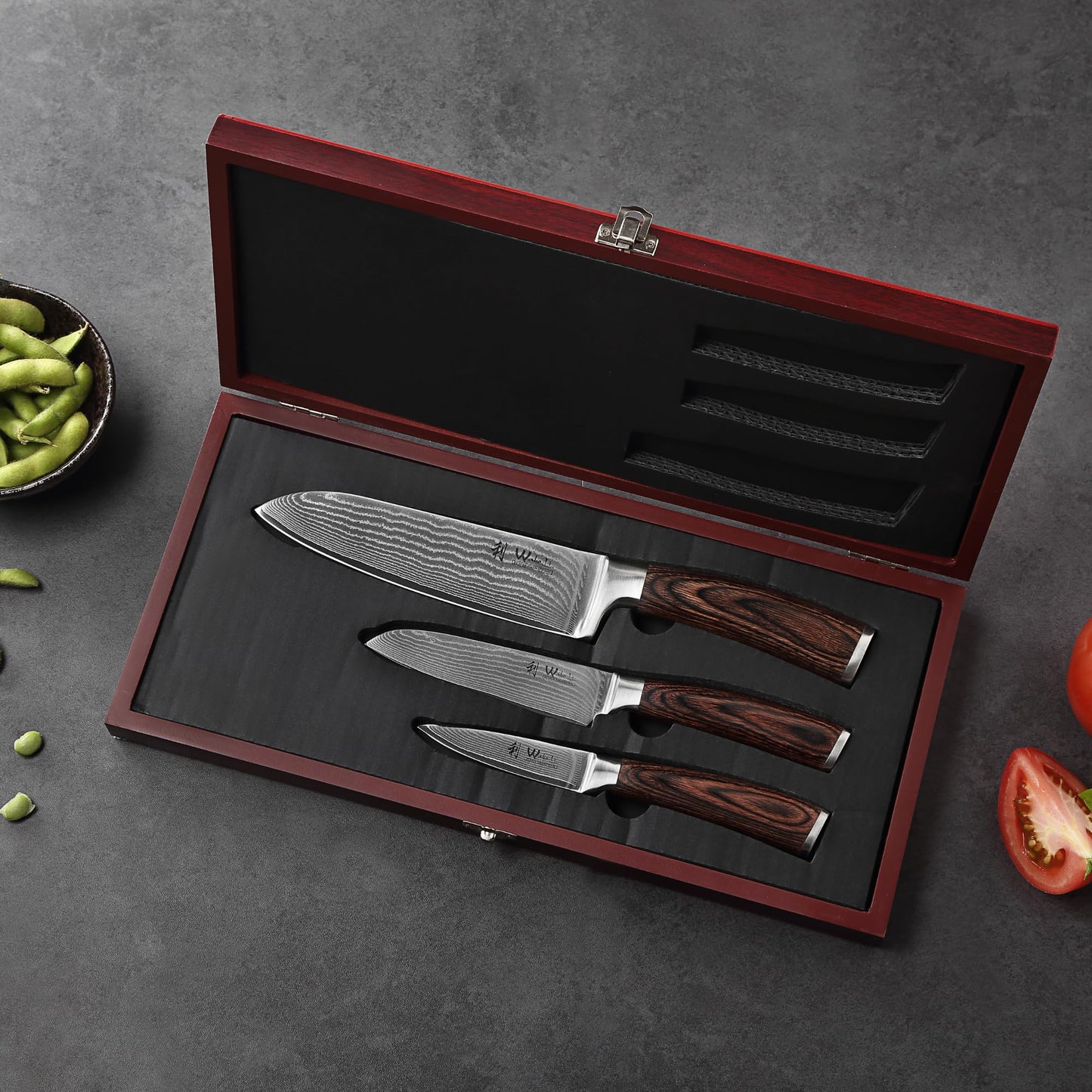Wakoli EDIB 3-Piece Damascus Kitchen Knife Set in Wooden Gift Box, Razor Sharp Genuine Damascus Steel (VG10 Core), Includes Santoku, Small Santoku and Paring Knife, Ergonomic Pakkawood Handle