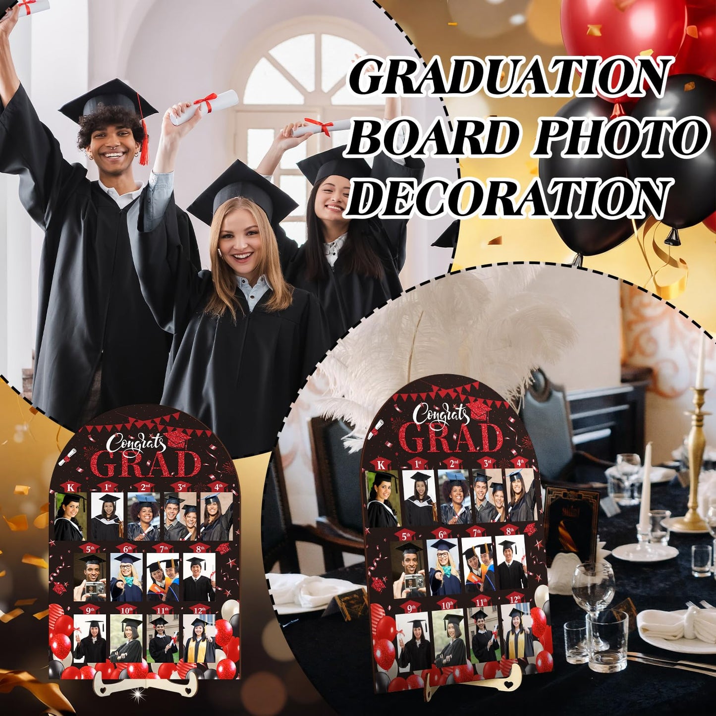 Leinuosen K-12 Graduation Picture Display for Party Decoration, Kindergarten to 12th Congrats Grade Photo Display Wood Picture Board for Senior High School Graduation Decoration(Black Red)