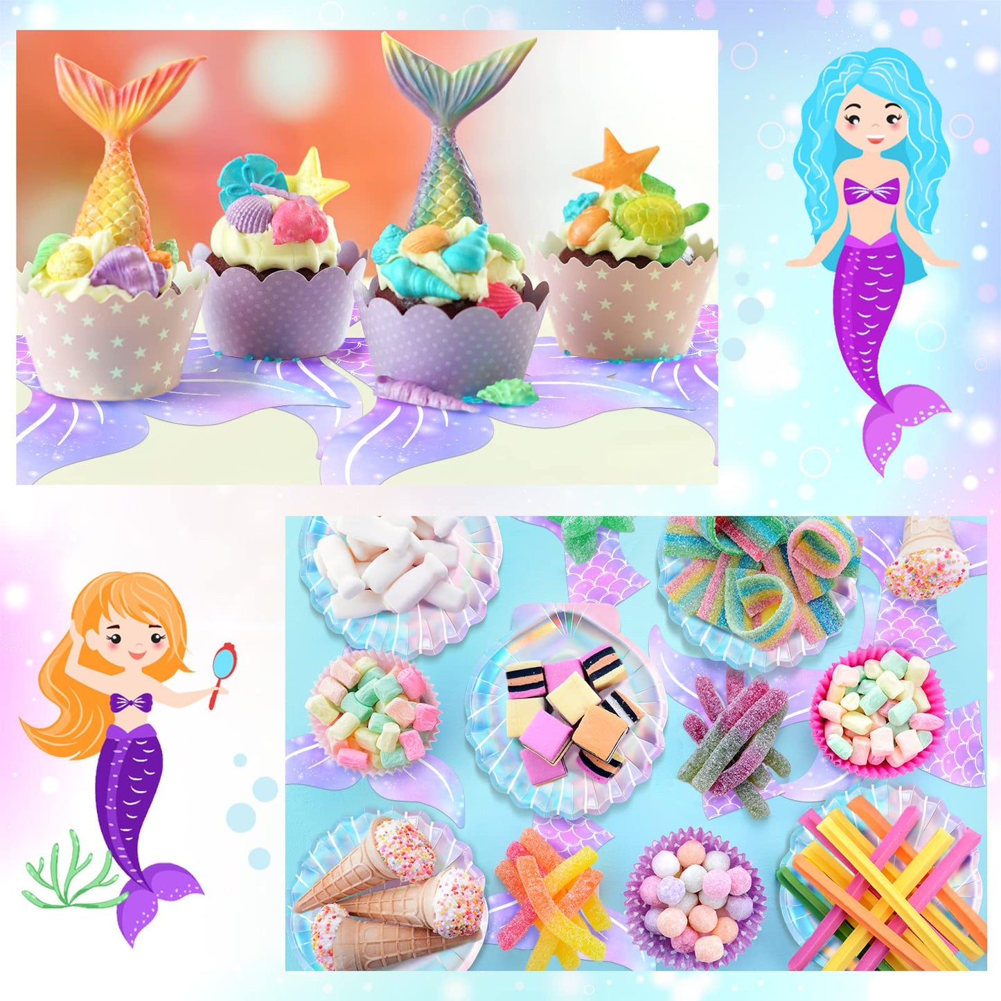 Qeeenar 100 Pcs Iridescent Mermaid Plates and Napkins Party Supplies Seashell Paper Plates Tail Napkins Under The Sea Ocean Party Decorations for Birthday Baby Shower