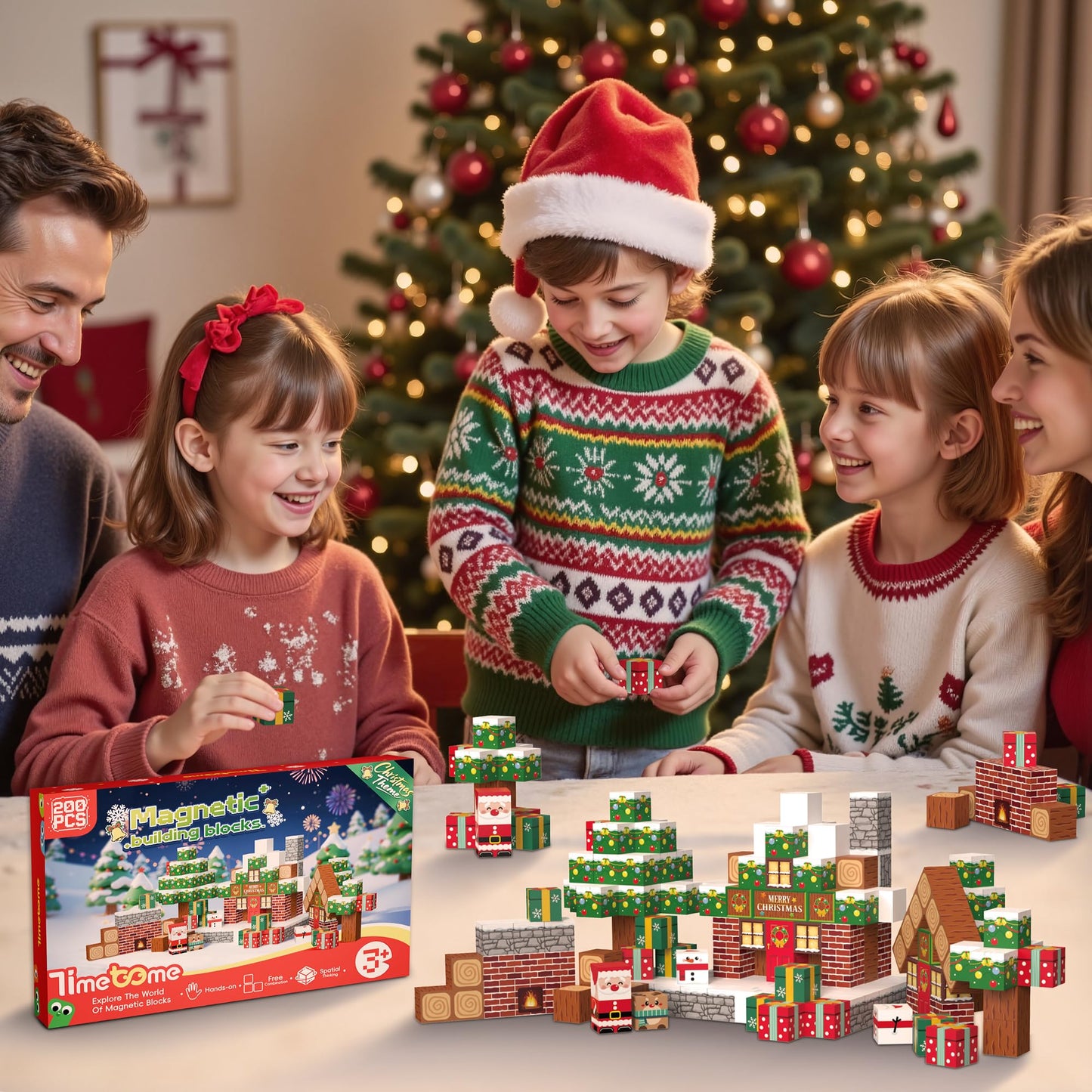 Timetome Magnetic Blocks, 200PCS Magnetic Building Block Cubes, STEM Montessori Sensory Toys for Kids Boys Girls Ages 3 4 5 6 7 8 9 10 (Christmas Version)