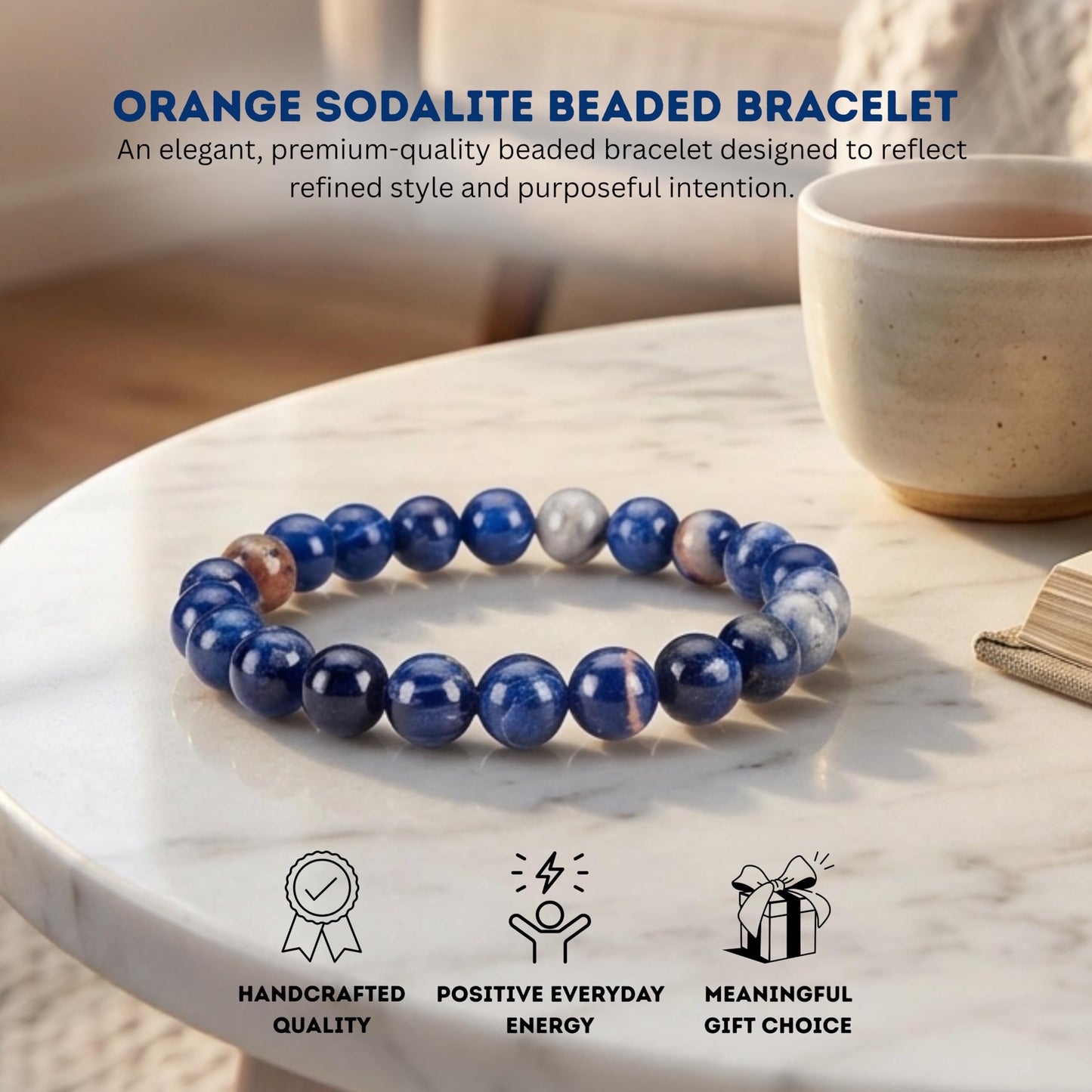 Cherry Tree Collection Orange Sodalite Beaded Bracelet – Genuine 8mm Gemstone Stretch Bracelet for Men & Women – Handmade Crystal Bracelet - (Orange Sodalite - S)