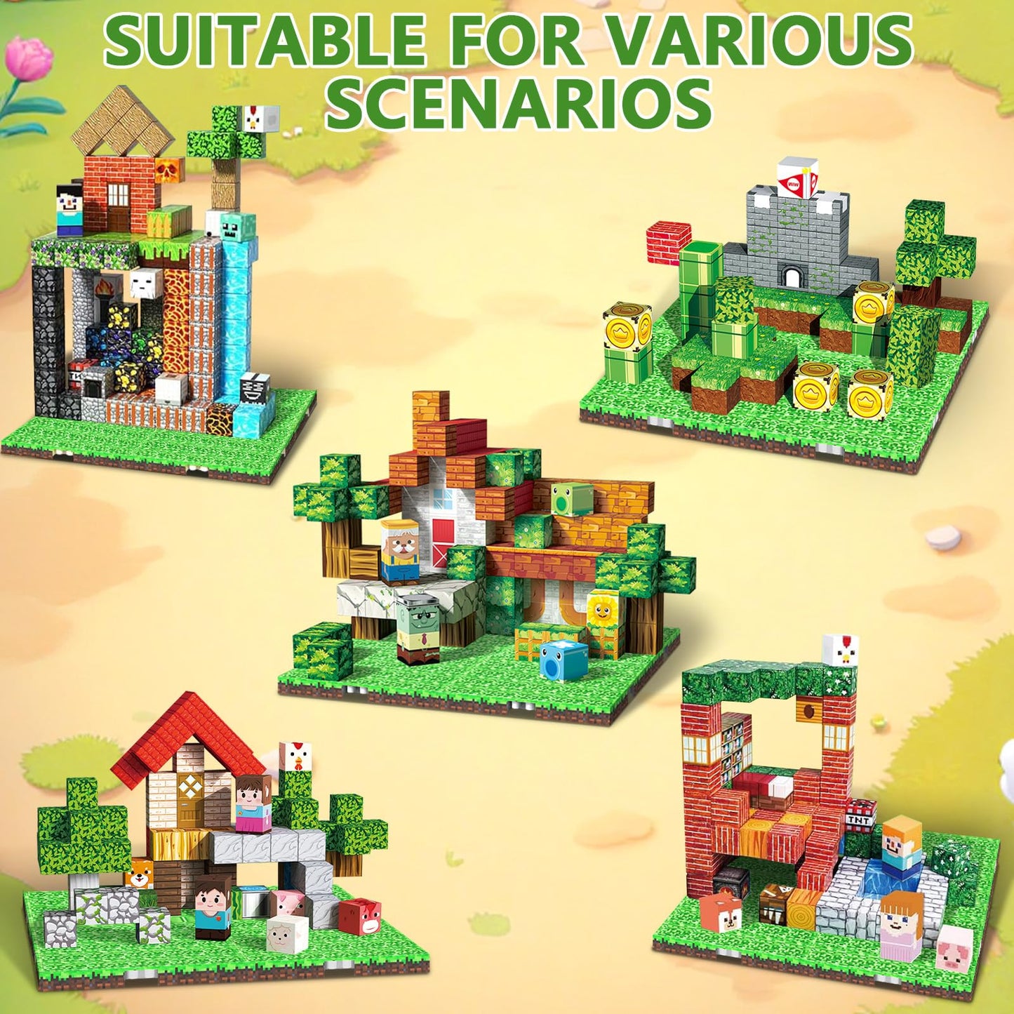 Youngyes Magnetic Blocks Baseplate - Magnet Toys for Kids, 4PCS Baseplate for Minecraft Magnetic Building Blocks Placing 4" x 4", STEM Toys Birthday Gifts for Boys Girls Age 3+ Years Old, Grassland