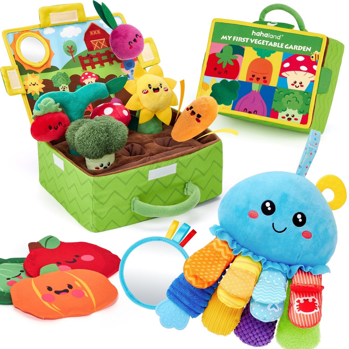 hahaland Baby Sensory Toys 6 Months - Soft Tummy Time Teething Toy and Fruits Vegetables Garden Plant Plush for Babies Gifts