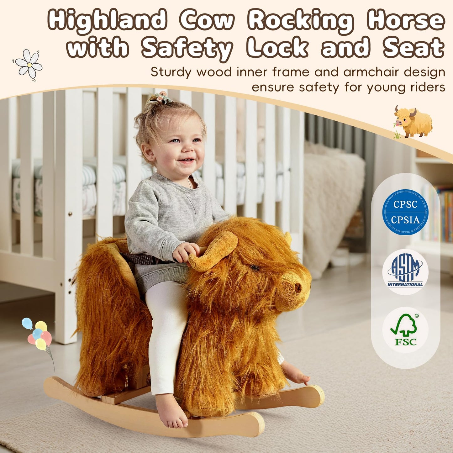 Baby Rocking Horse,Highlander Cattle Wooden Rocking Horse for Toddlers 1 Year Old Cute Cow Stuffed Plush Ride-on Toy Rocking Animal for Baby Boys and Girls Nursery/Child Christmas or Birthday Gift