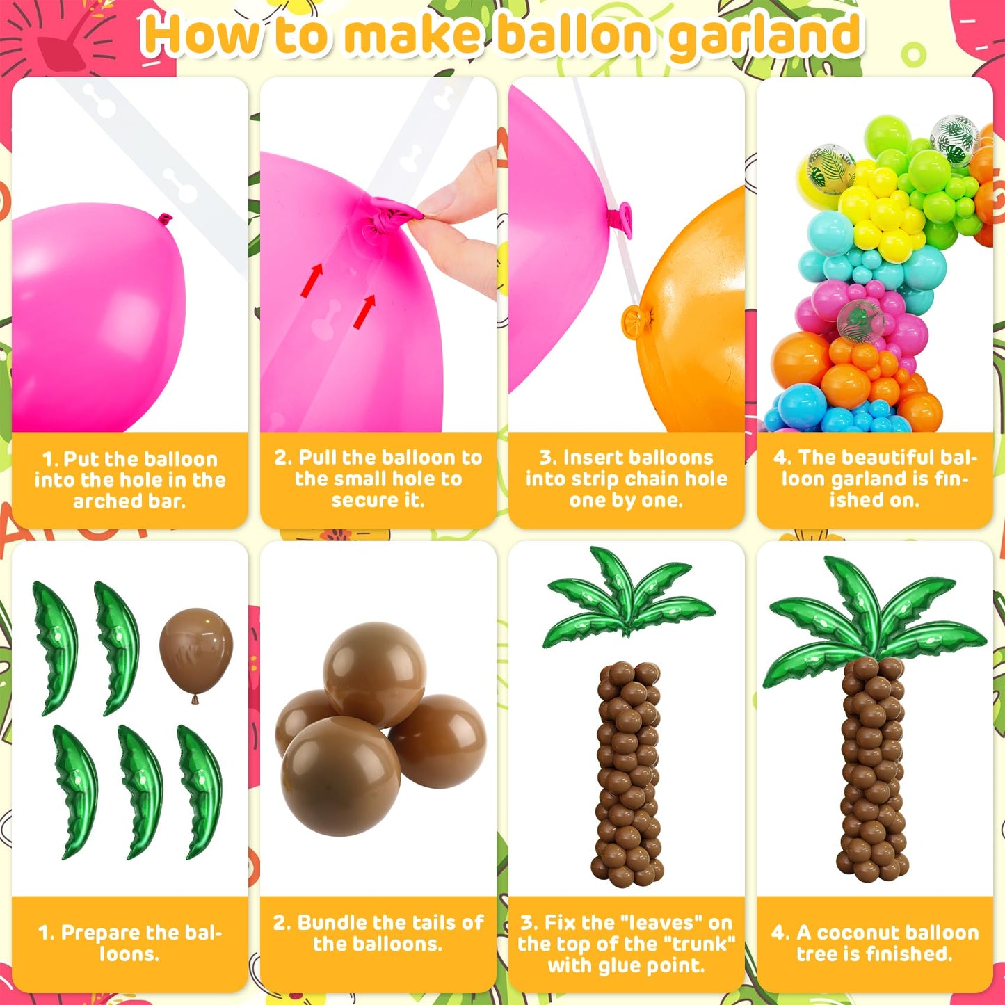 Amandir 160Pcs Hawaiian Tropical Beach Luau Balloon Garland Arch Kit Party Decorations with Aloha Green Palm Tree Pineapple Foil Balloon for Summer Birthday Party Decorations