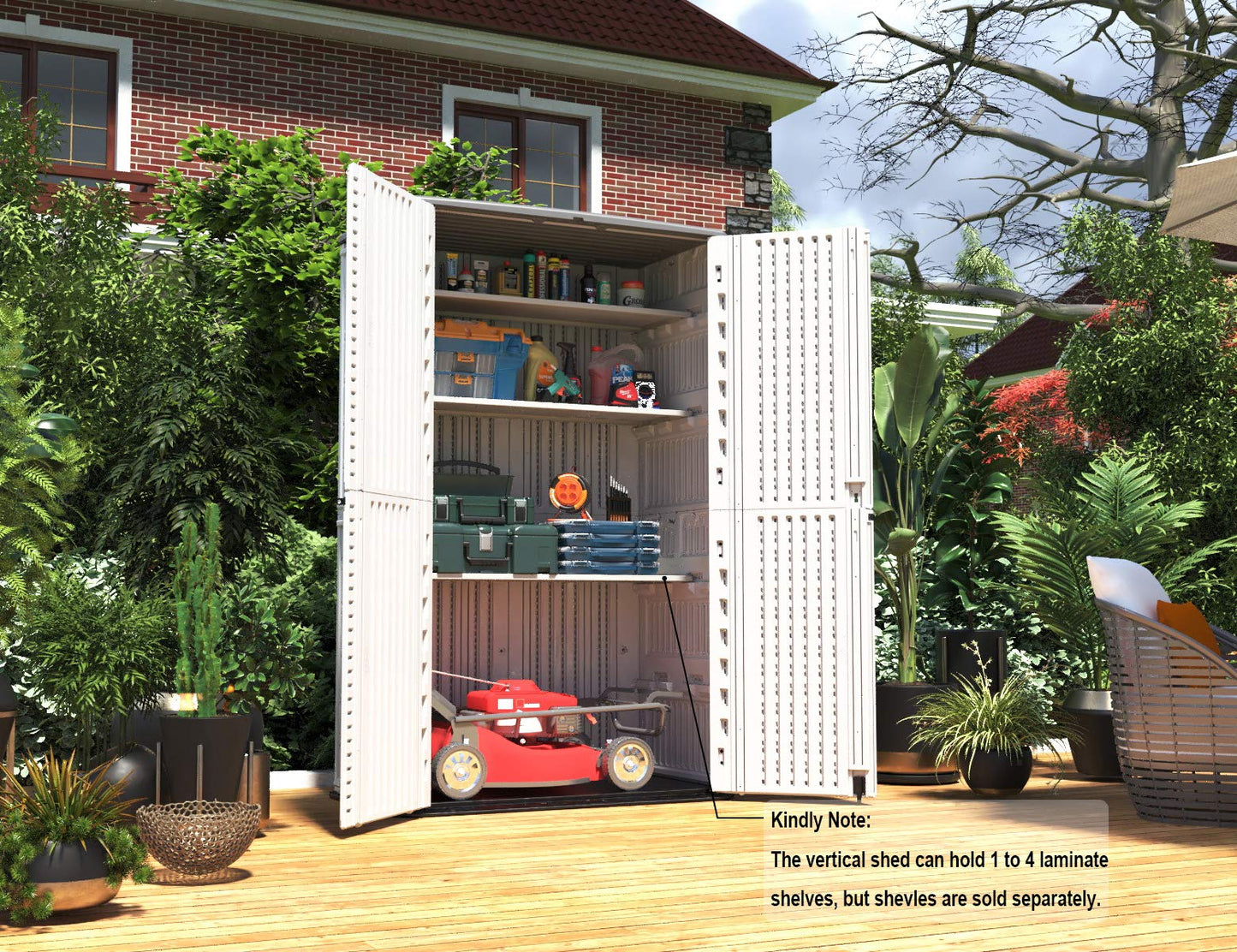 HOMSPARK Storage Shed Weather Resistance, Multi-Purpose Outdoor Storage Cabinet for Backyards and Patios, Horizontal Storage Shed for Lawnmower, Patio Accessories (White, Tall - 53 cu.ft)