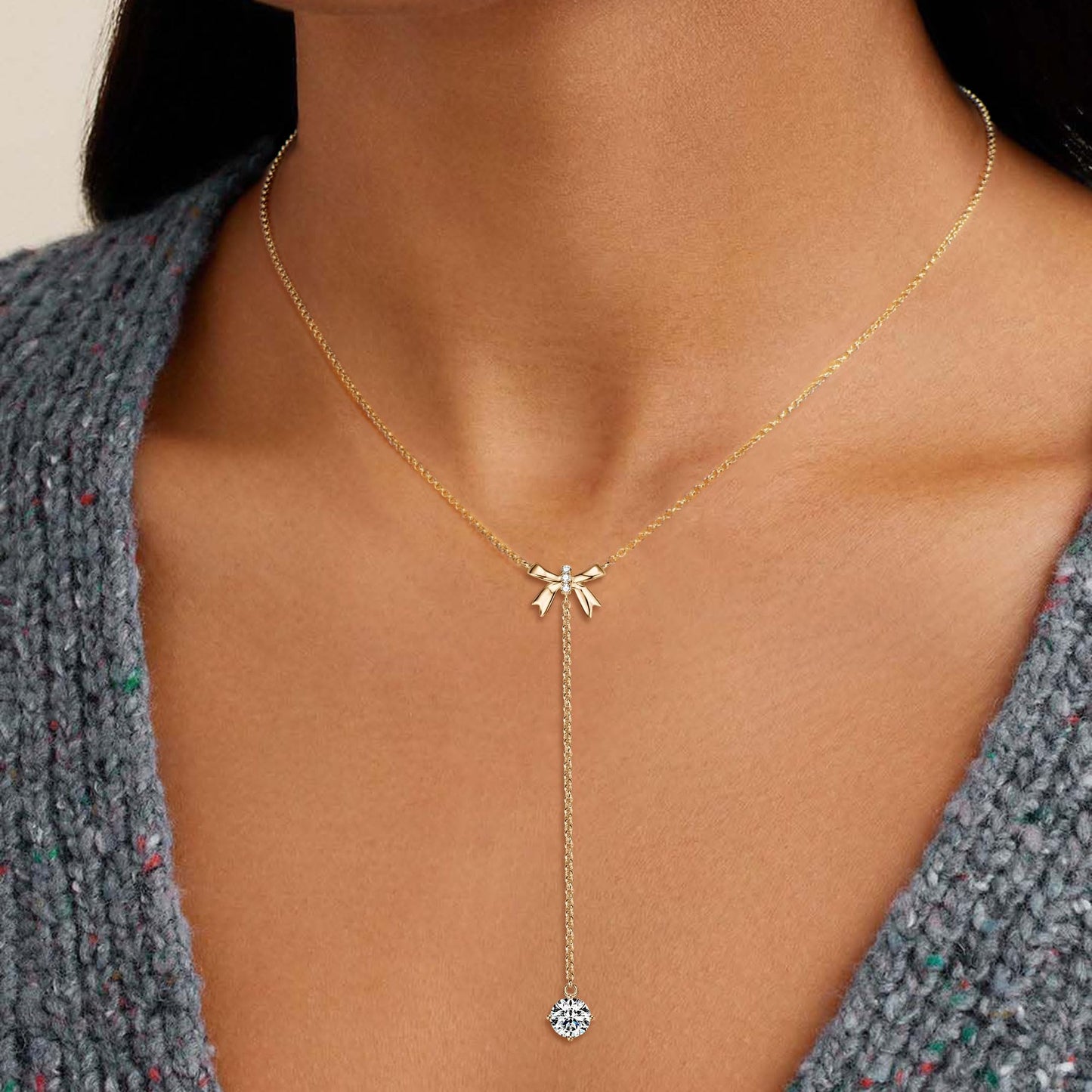 AINUOSHI Moissanite Bow Lariat Necklace for Women 14k Gold Plated 925 Sterling Silver Y-Shaped Linear Drop Chain Necklaces Dainty Long V-Neck Layered Necklaces Anniversary Birthday Gifts for Wife Her