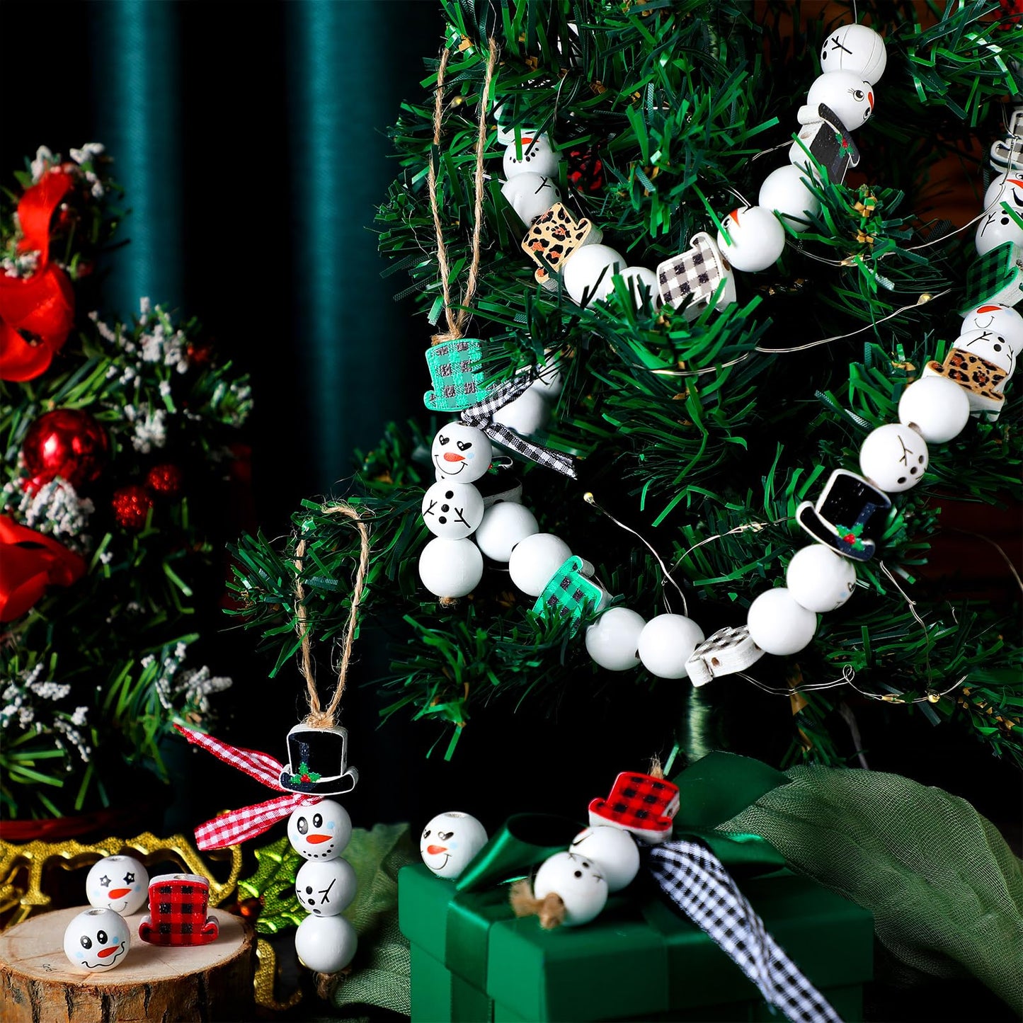 336 Pcs Christmas Snowman Wood Beads Winter Snowman Wooden Beads for Craft Snowman Themed Craft Beads with Rope Ribbon for Jewelry Making DIY Craft Supplies Home Decor