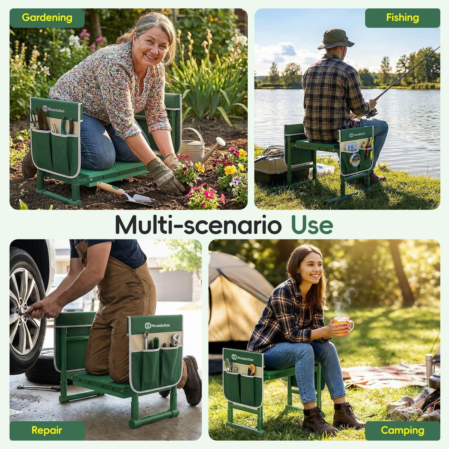 Housolution Garden Kneeler and Seat with Anti-Tipping Extendable Legs, Foldable and Portable Garden Stool with 2 Tool Bags, Thick Soft Kneeling Pad, Gardening Gifts for Women Men Seniors, Deep Green