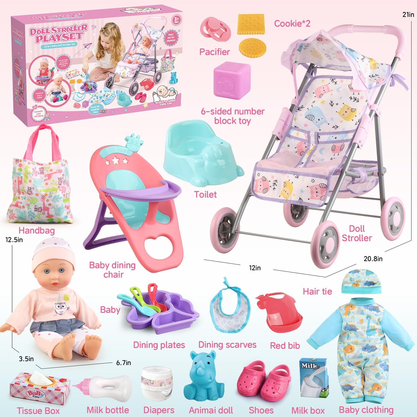 YIYBM Baby Doll Stroller Play Set with 12.5" Baby Doll,Dining Chair, 2 Sets Clothes and 20 PCS Doll Accessories. Stroller Toy for 3, 4, 5, 6 Year Old Toddler Girls for Realistic Pretend Play.