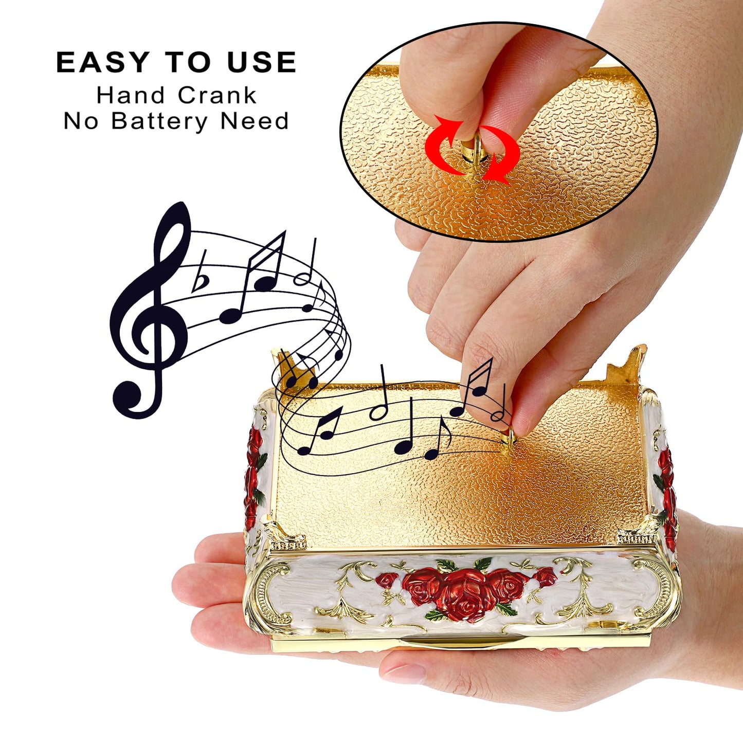 ELLDOO Vintage Music Box, Beige Metal Musical Jewelry Box Keepsake Box, Small Trinket Jewelry Storage Box Gift for Girl Women (Tune: You are My Sunshine), Red Rose Pattern