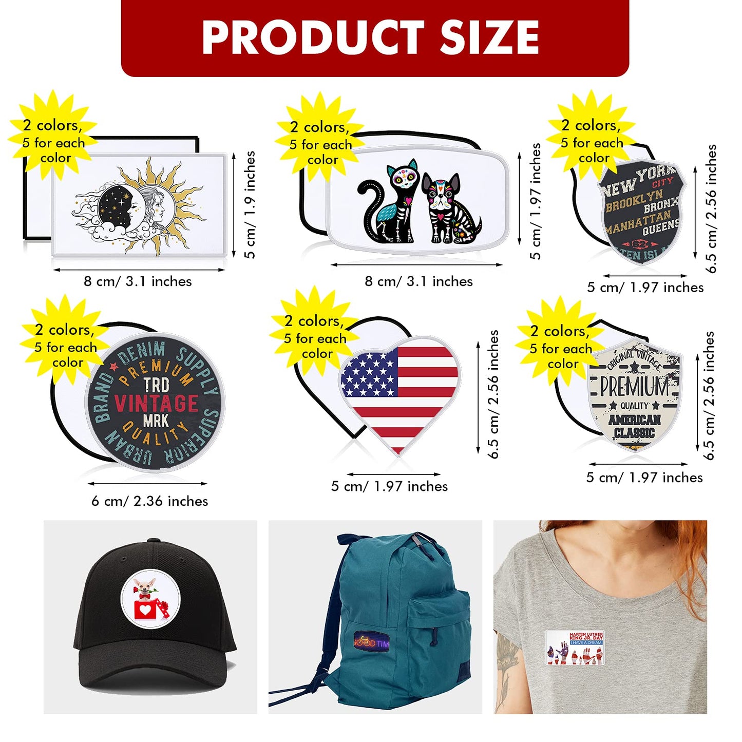 60 Pcs Sublimation Patches Fabric 6 Shapes Iron On Blank Patches Repair Embroidery for DIY Crafts Hats Caps Shirts Shoes Jeans Bags Backpack Uniforms Supplies, Black and White Frame