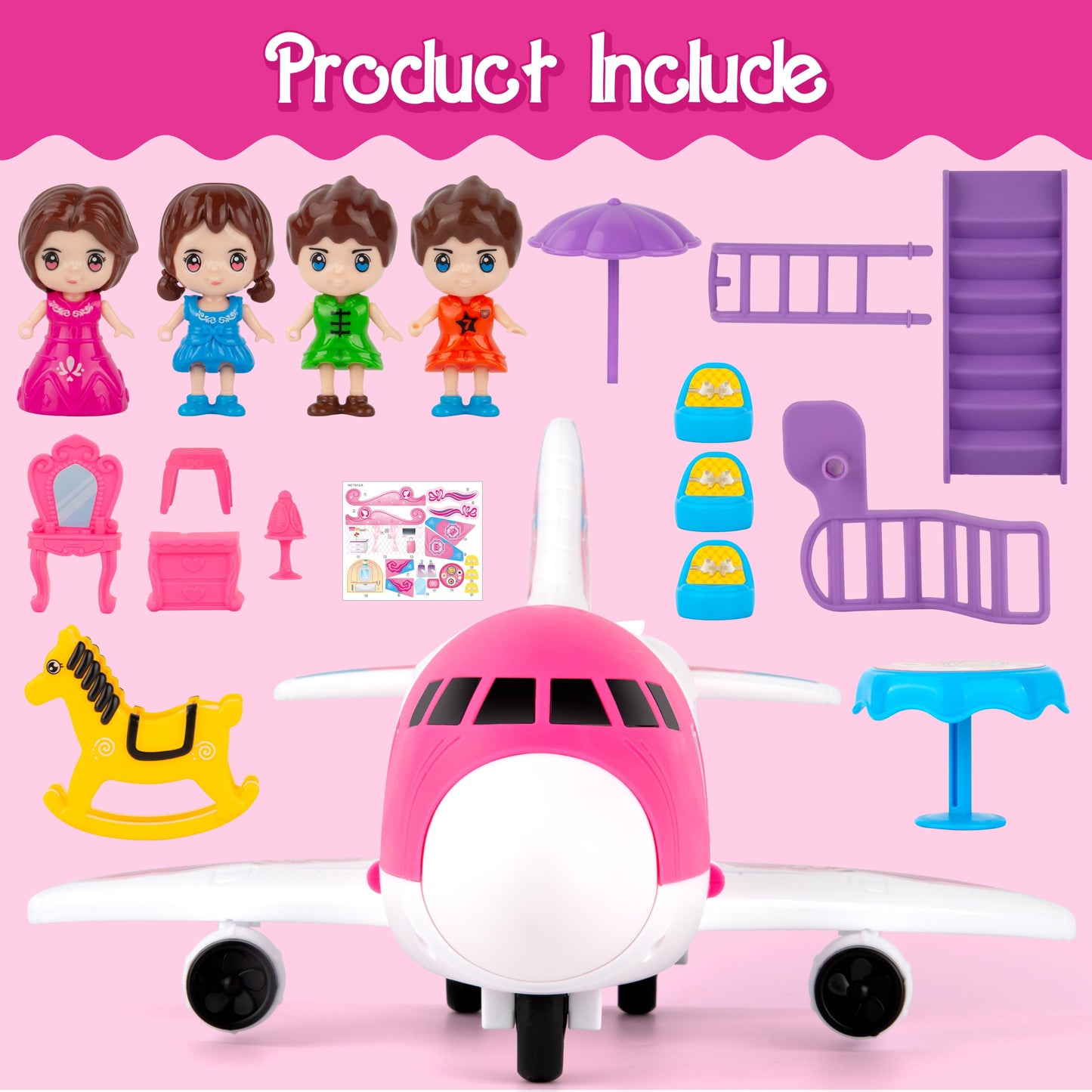 XDUOYJOY Pink Airplane Toy for Kids, Plane Toys with Dolls, Furniture and Accessories for Boys Girls Birthday, Toy Aircraft Push and Go Action, Easy to Store