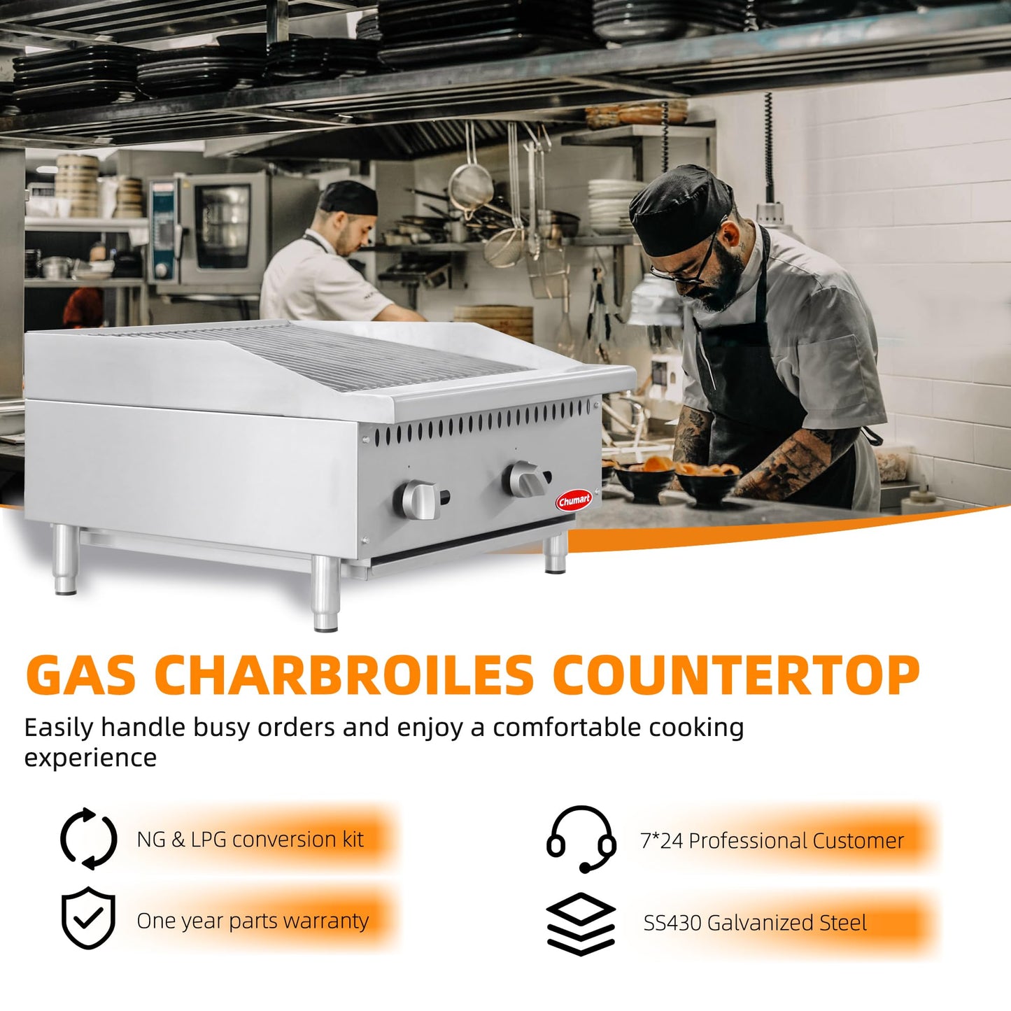 CHUMART 24” Commercial Charbroiler 2 Burners Gas Radiant Charbroiler with 70000 BTU U-Shaped Burners, Natural/Propane Gas Countertop grill with LP Conversion Kit for Restaurant