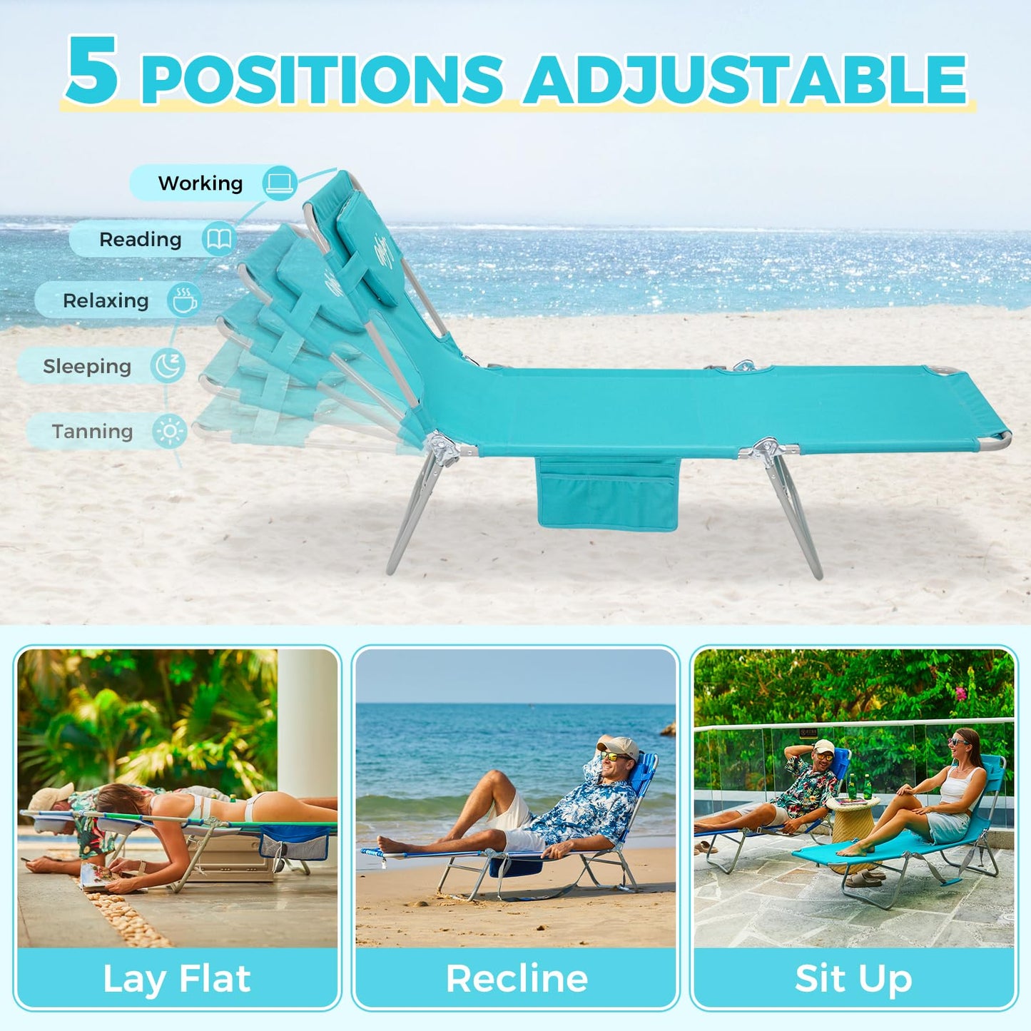 #WEJOY Folding Tanning Chair with Face Hole, 5 Positions Face Down Beach Lounge Chairs with Pillow for Outside Sunbathing Poolside (Cyan)