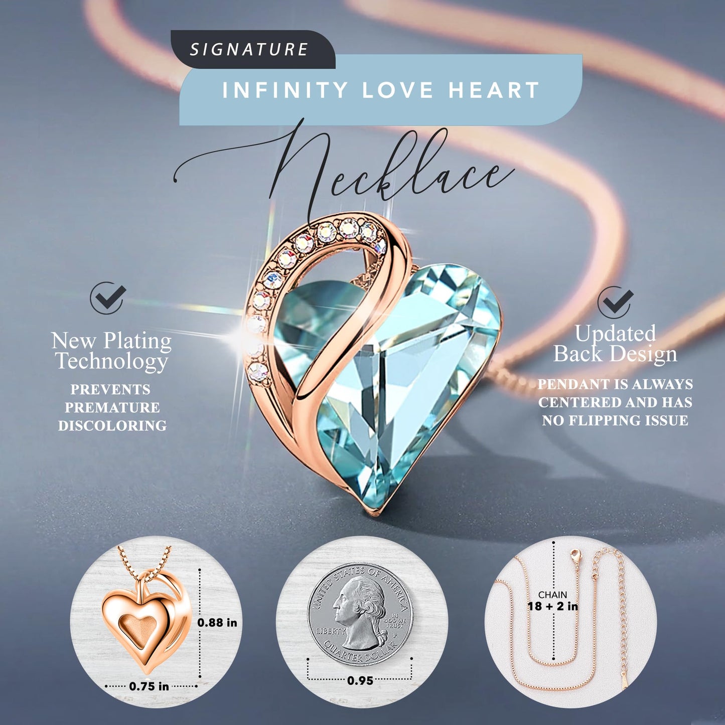 Leafael Gifts for Women Rose Gold Plated Necklaces: Heart Light Blue Crystal, March Birthstone, Hypoallergenic Chain (18"+2"), Birthday Jewelry for Mom, Wife, and Girlfriend