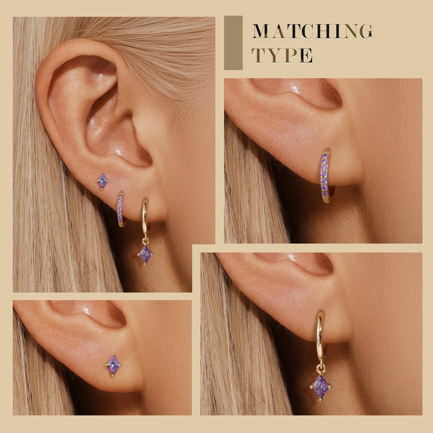 Angelady Gold Hoop Earrings Set for Women, Dainty 14K Gold Plated Purple Earrings, Hypoallergenic Purple Dangle Cartilage Huggie Hoop Earring Stacks, Amethyst Earring Trendy Jewelry Gifts