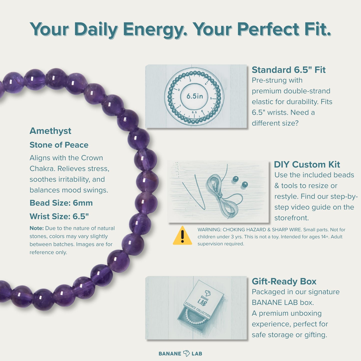 BANANE LAB Amethyst Bracelet for Men Women 6mm - Real Natural Purple Crystal Bead Stretch Bracelets - Standard 6.5" Wrist Fit with DIY Repair Kit (Elastic String & Extra Beads) - Unisex Healing Gift