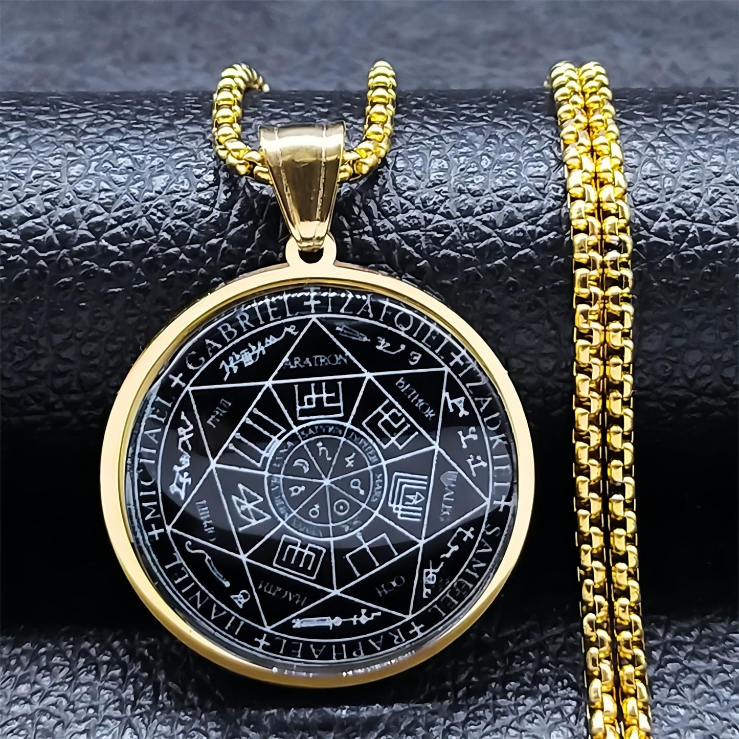 Joddfly Seven Angel Medal Pendant Stainless Steel Glass Solomon Talisman Necklace Guardian Jewelry Men and Women 24 inch Gift Set (golden)