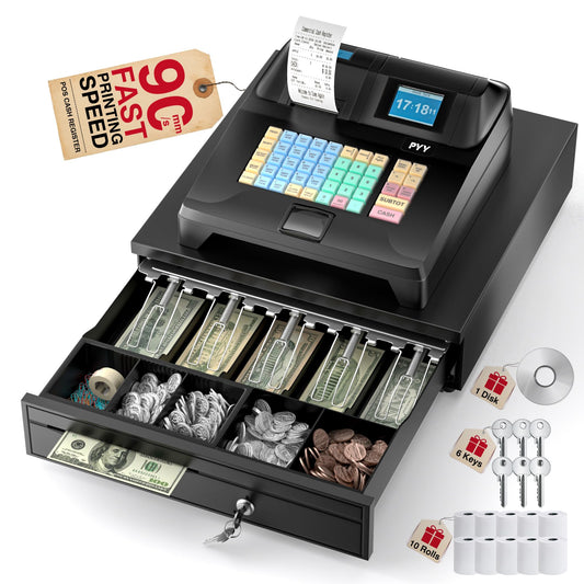 PYY Cash Register for Small Businesses - Electronic Commercial Caja Registradora para Negocio with Locked Cash Drawer Box, 8 Digital Dual Display, 48 Keys, Cashing System for Supermarket Restaurant