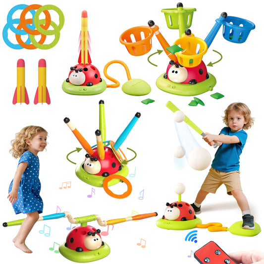 5 in 1 Musical Jump, Bean Bag Toss Ring Game, Baseball Toys and Stomping Launch Rocket Launcher for Kids Remote Control Indoor Outdoor Sports Toys for Kids Ages 4-8 3-5 Birthday Easter Gifts