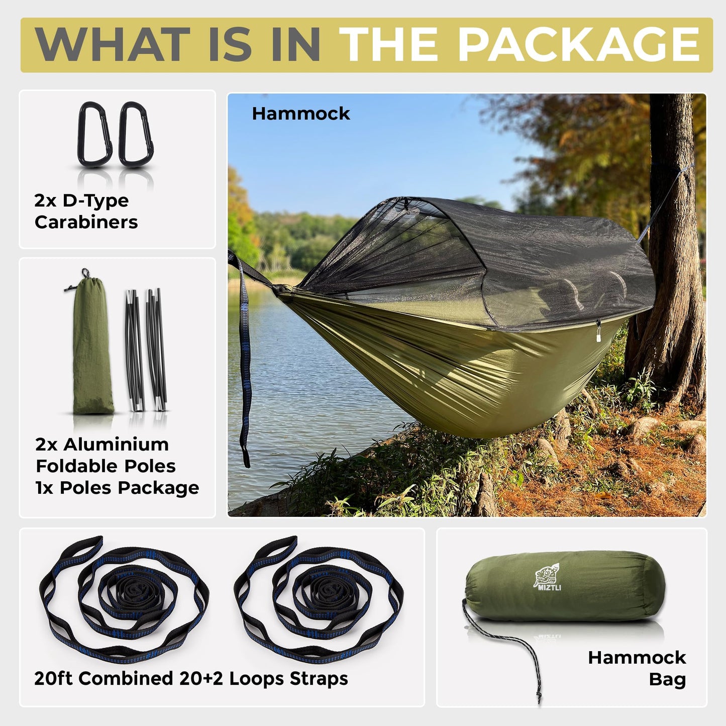 Miztli Camping Hammock -Portable Hammock w/Spacious Net & Tree Straps w/Adjustable Loops, Double and Single Hammock for Outdoor, Indoor, Hiking and Travel