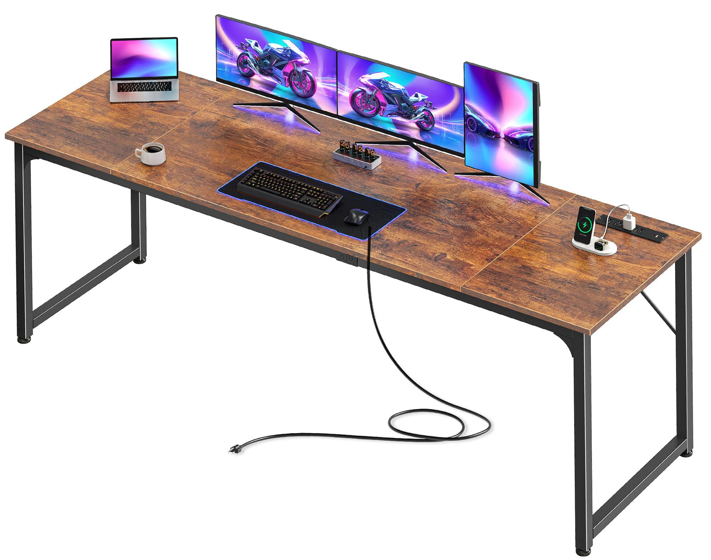 PRAISUN 80 X 24 Inch Office Computer Desk with Power Outlets and USB-C Port, Larger and Longer Gaming Desk, for Home Office, Study, Writing Work from Home Table, Metal Frame, Rustic Brown
